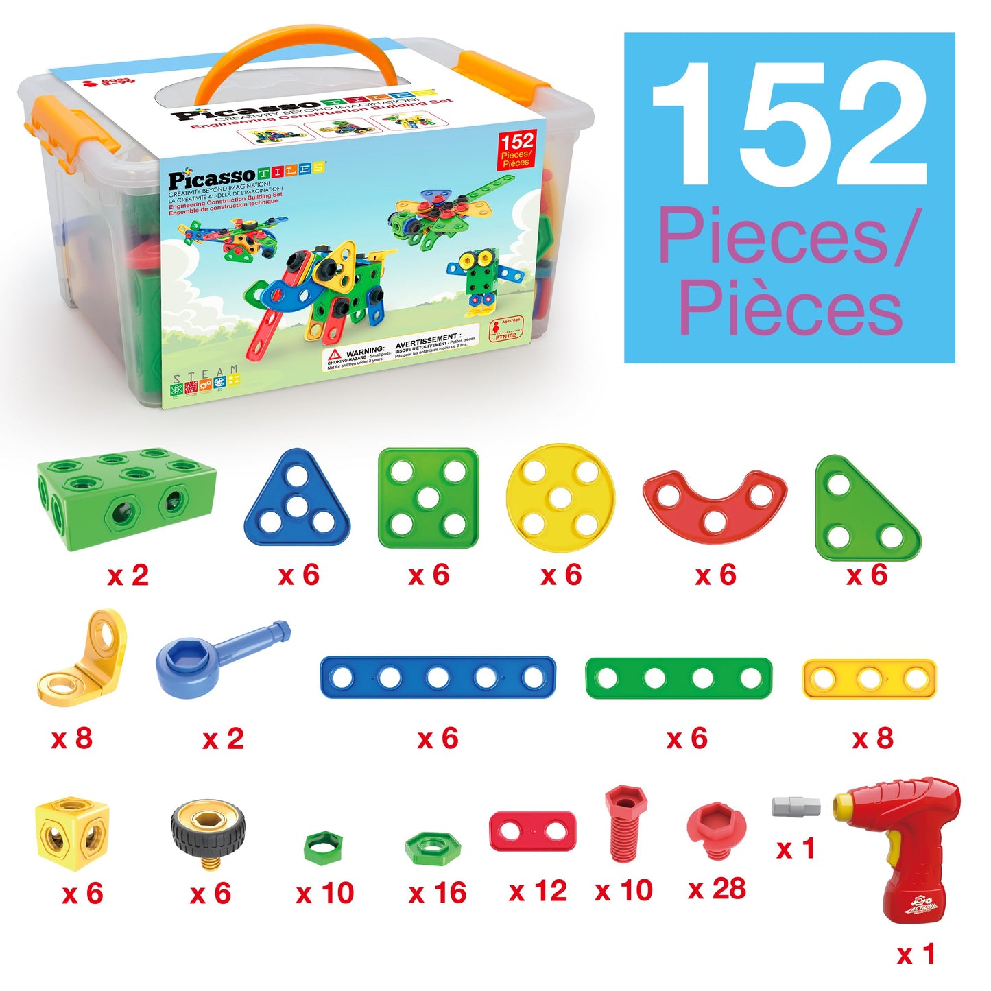 PicassoTiles 152pc STEM Construction Toy for Kids 3+ | Power Drill, Ratchet & Idea Book