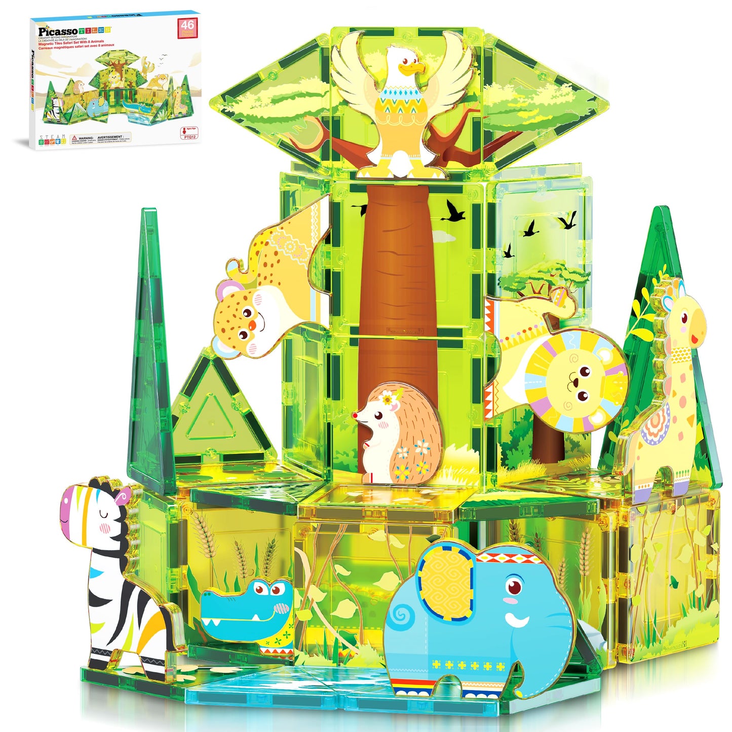 PicassoTiles Safari Magnet Tile Set – 46-Piece Magnetic Blocks with 8 Safari Figures for Ages 3+ | STEAM Educational Toy