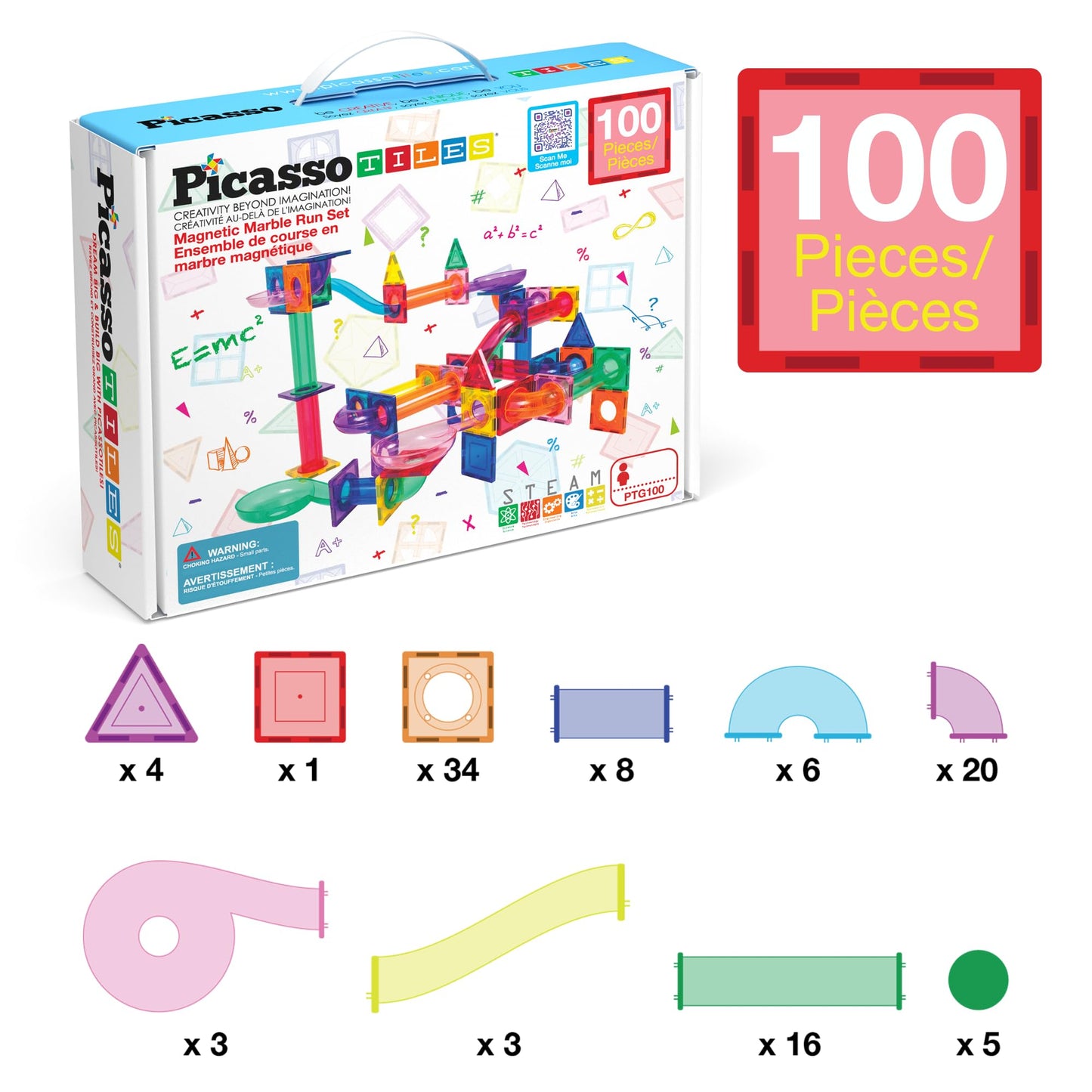 PicassoTiles 100pc Magnetic Marble Run Set – STEM Building Toy PTG100
