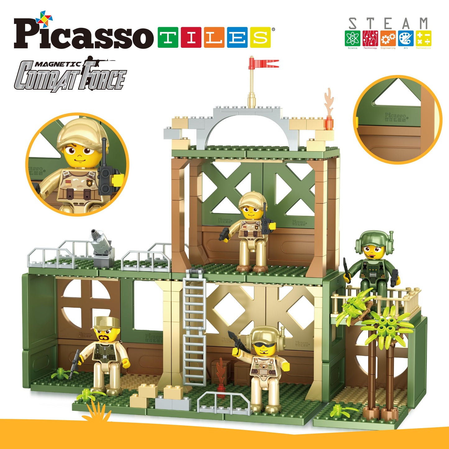 PicassoTiles PTL18 Military Combat Magnet Tile Playset – 186-Piece Construction & 4 Figures