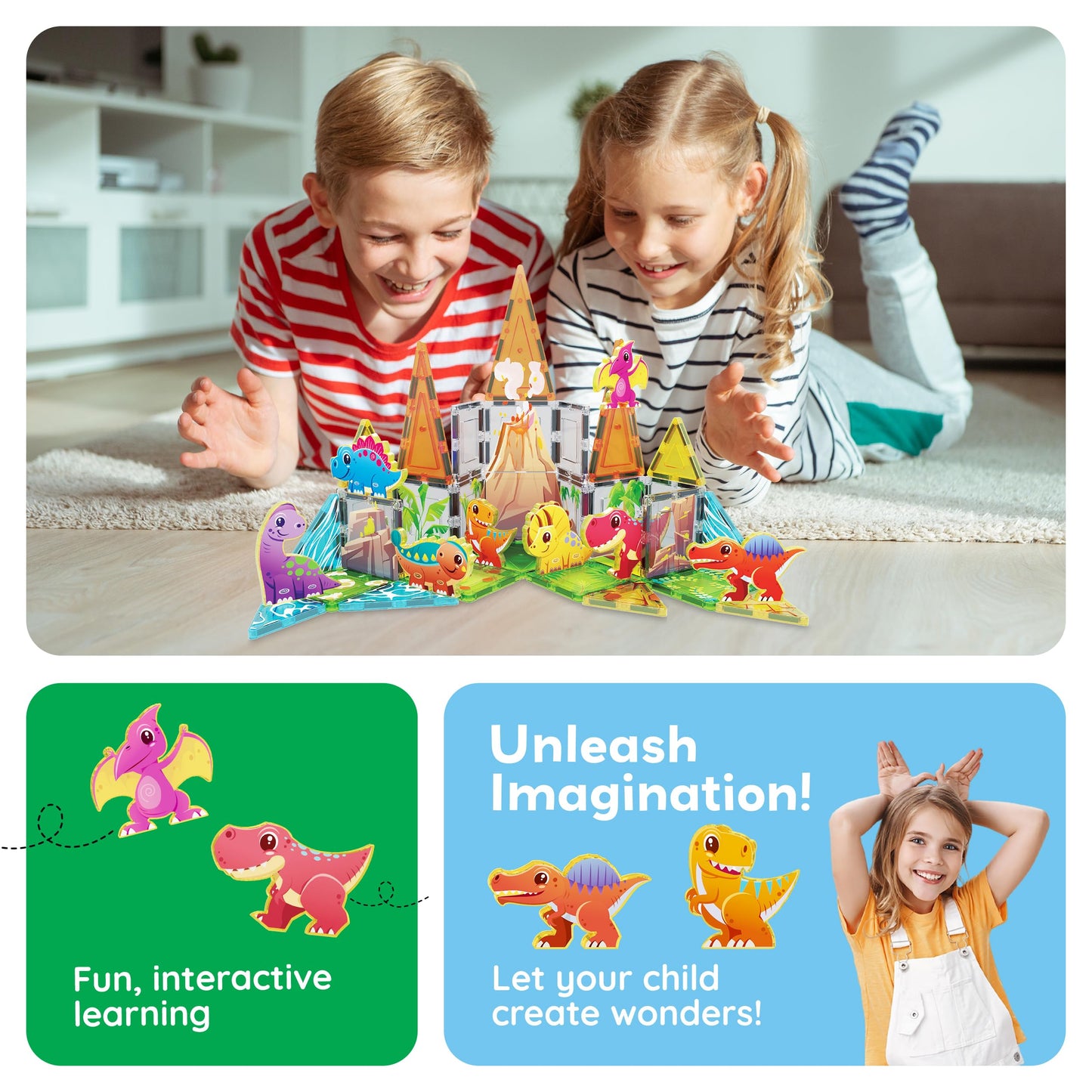 PicassoTiles 38pcs Dinosaur Magnetic Tiles Set with 8 Figures – STEM Toy 3+