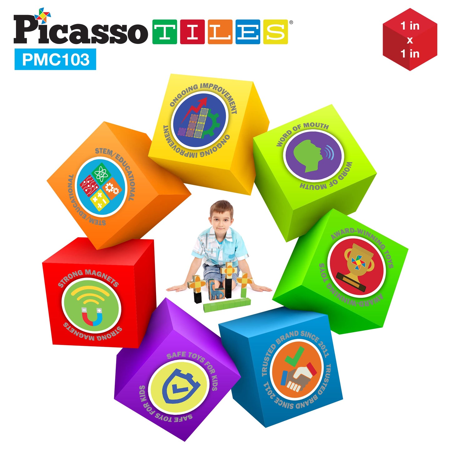 PicassoTiles 103-Piece Magnetic Building Block Cubes – 3D Construction & STEM Toy