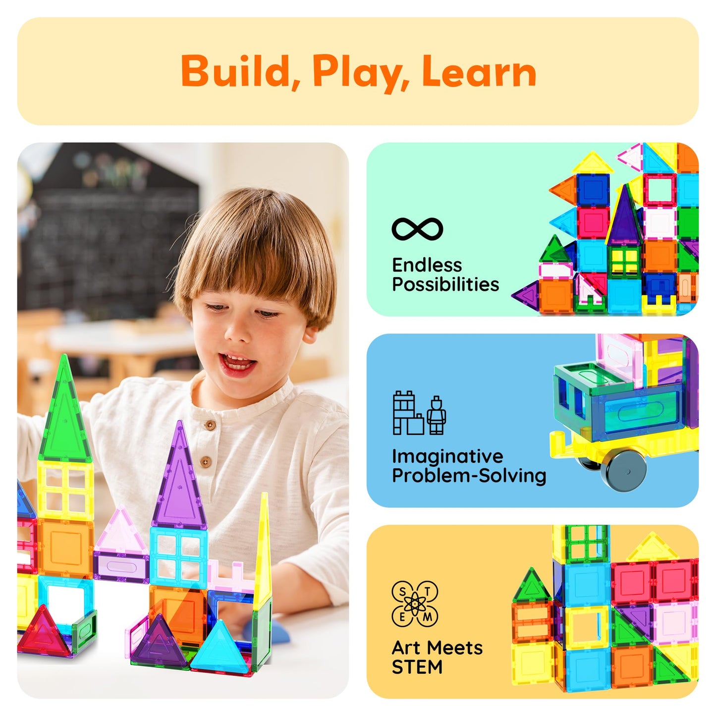 PicassoTiles 101 Pcs Magnetic Tiles – Car & Drawstring Carry Bag STEM Toy (Ages 3+)
