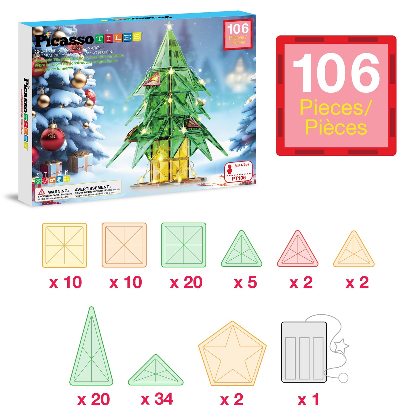 PicassoTiles 106pc Magnetic Tiles LED Light-Up Tree – STEM Toy for Kids 3+ | PT106