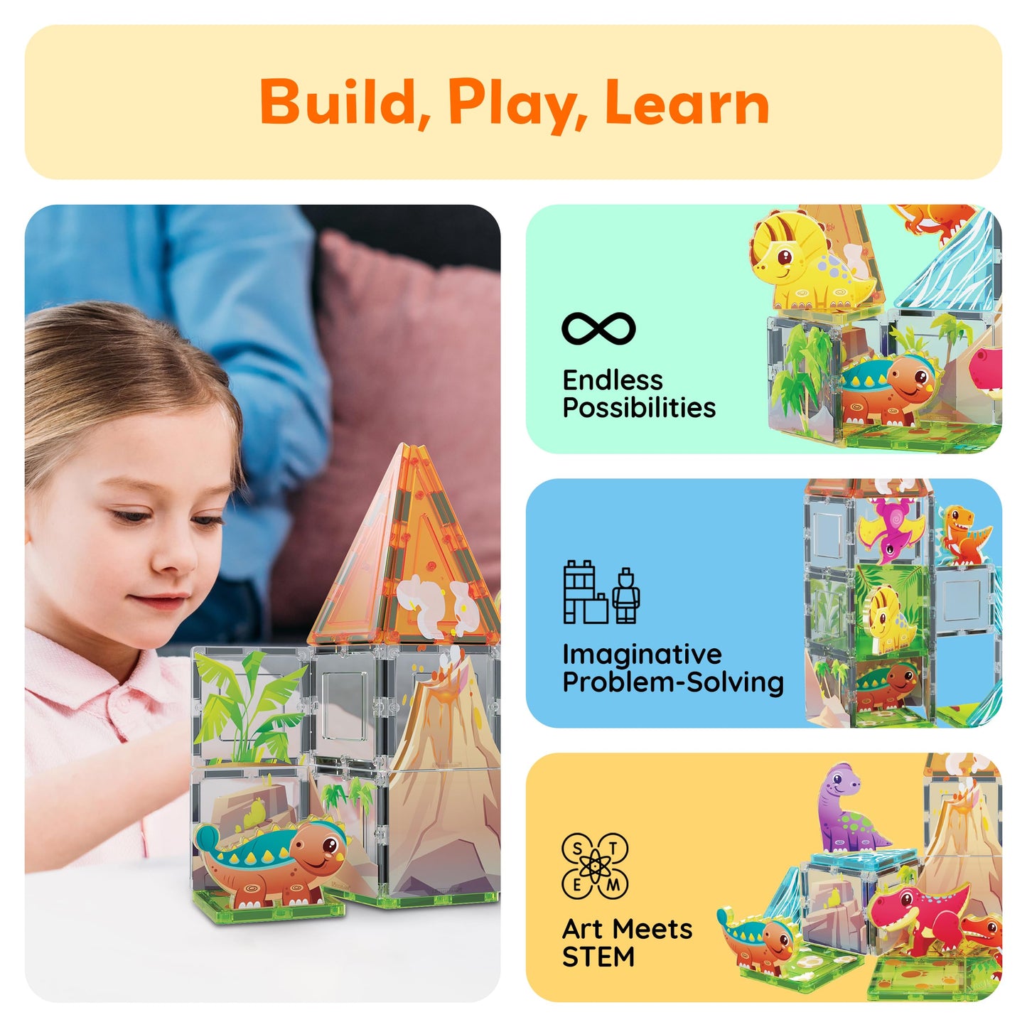 PicassoTiles 38pcs Dinosaur Magnetic Tiles Set with 8 Figures – STEM Toy 3+