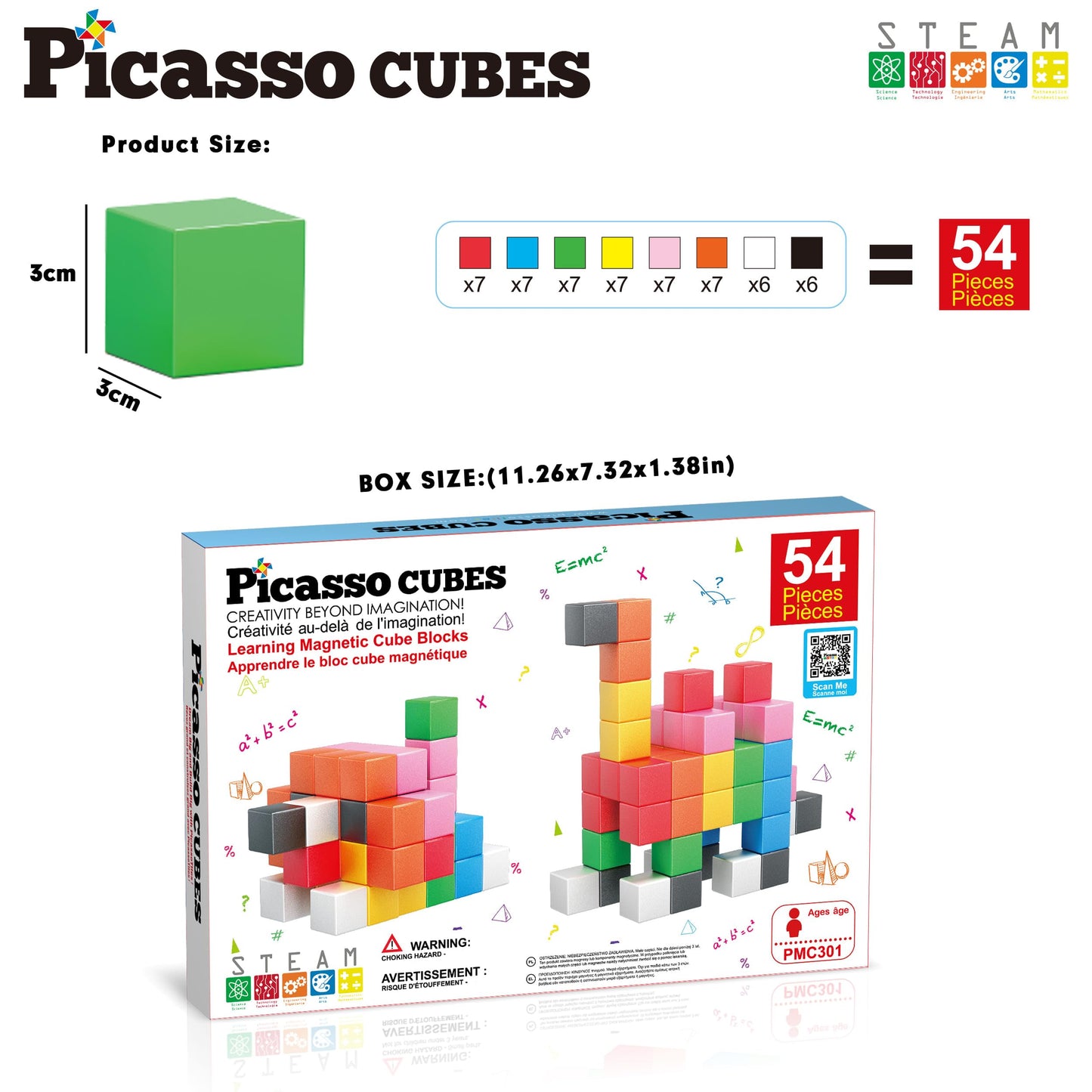 PicassoTiles Magnet Cube Building Blocks – 54 Magnetic Cubes for Creative STEM Play | 3 cm