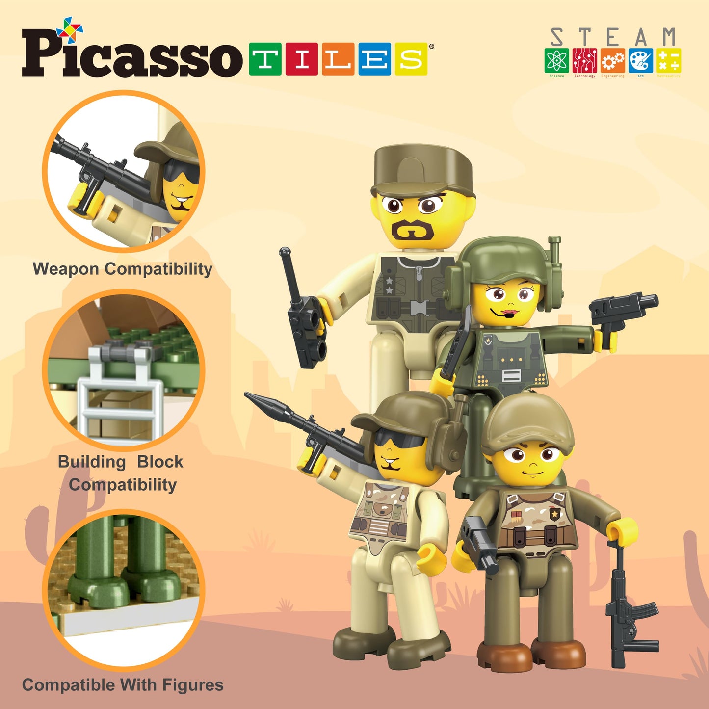 PicassoTiles PTL18 Military Combat Magnet Tile Playset – 186-Piece Construction & 4 Figures