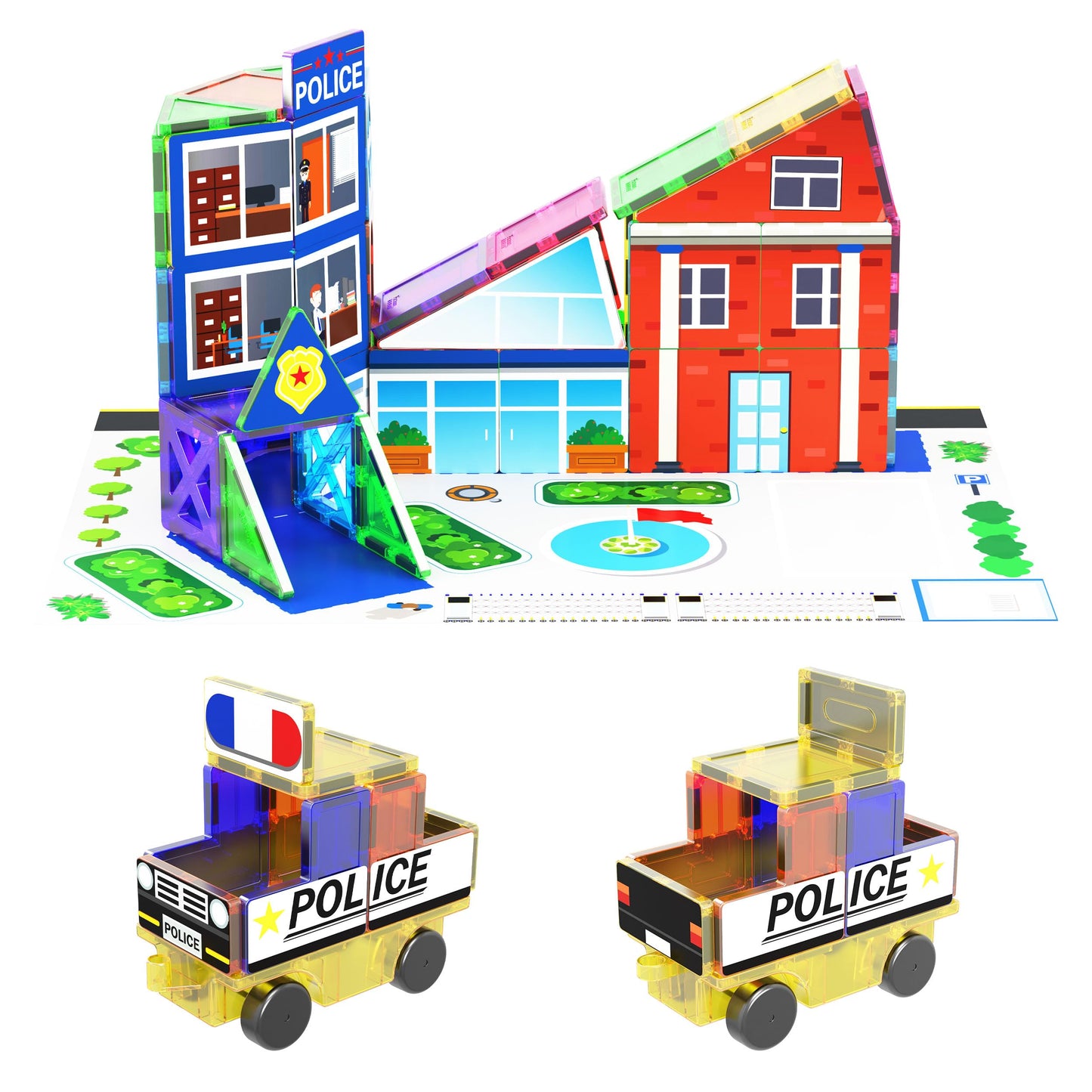 PicassoTiles 3-in-1 Theme Set – Magnetic STEM Building Blocks for Kids | School, Police & Hospital
