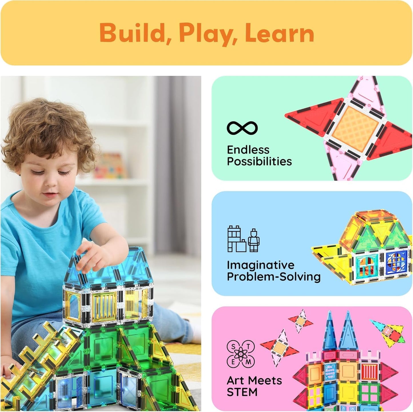 PicassoTiles Magnetic Tiles 61 Piece Set – STEM Building Blocks for Ages 3+