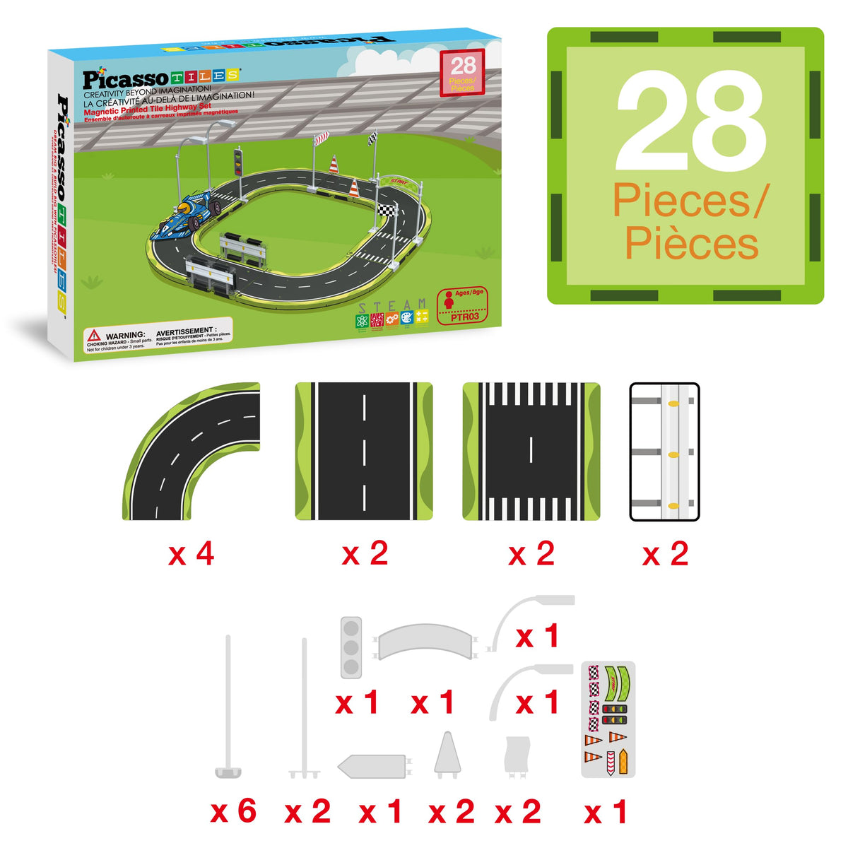 PicassoTiles Magnet Tile Highway Set – 28pc Traffic & Street Sign Kit for Ages 3+