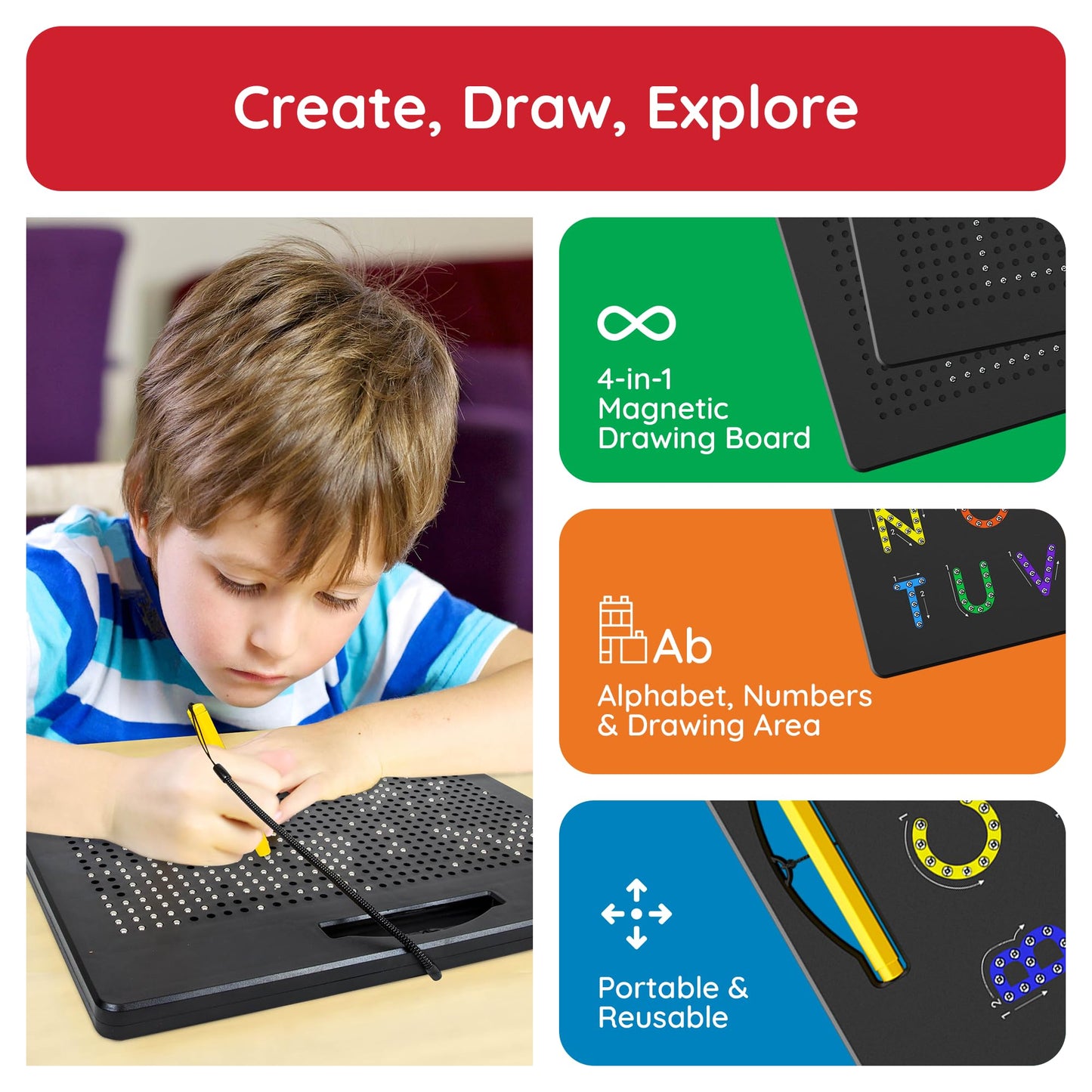 PicassoTiles 2PK 4-in-1 Magnetic Drawing Board – 12x10 Inch Large STEM Learning Pad with Four Faces (Lowercase, Uppercase, Numbers & Freestyle) – PTB06