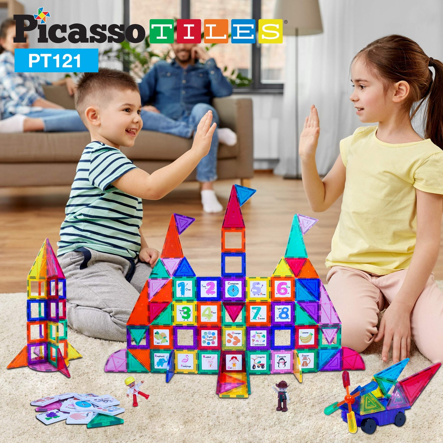 PicassoTiles 121pc Master Builder Magnetic Building Block Set – Car Truck Figures, Alphabet & Animal Graphics, Windmill