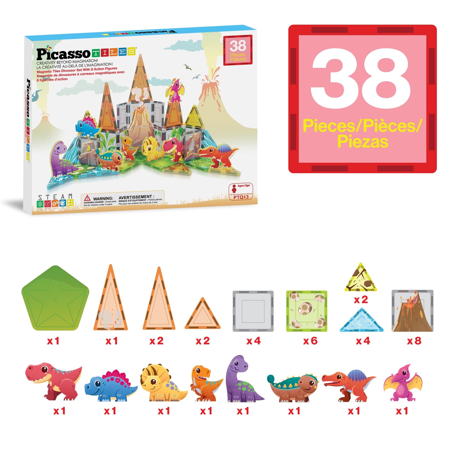PicassoTiles 38pcs Dinosaur Magnetic Tiles Set with 8 Figures – STEM Toy 3+