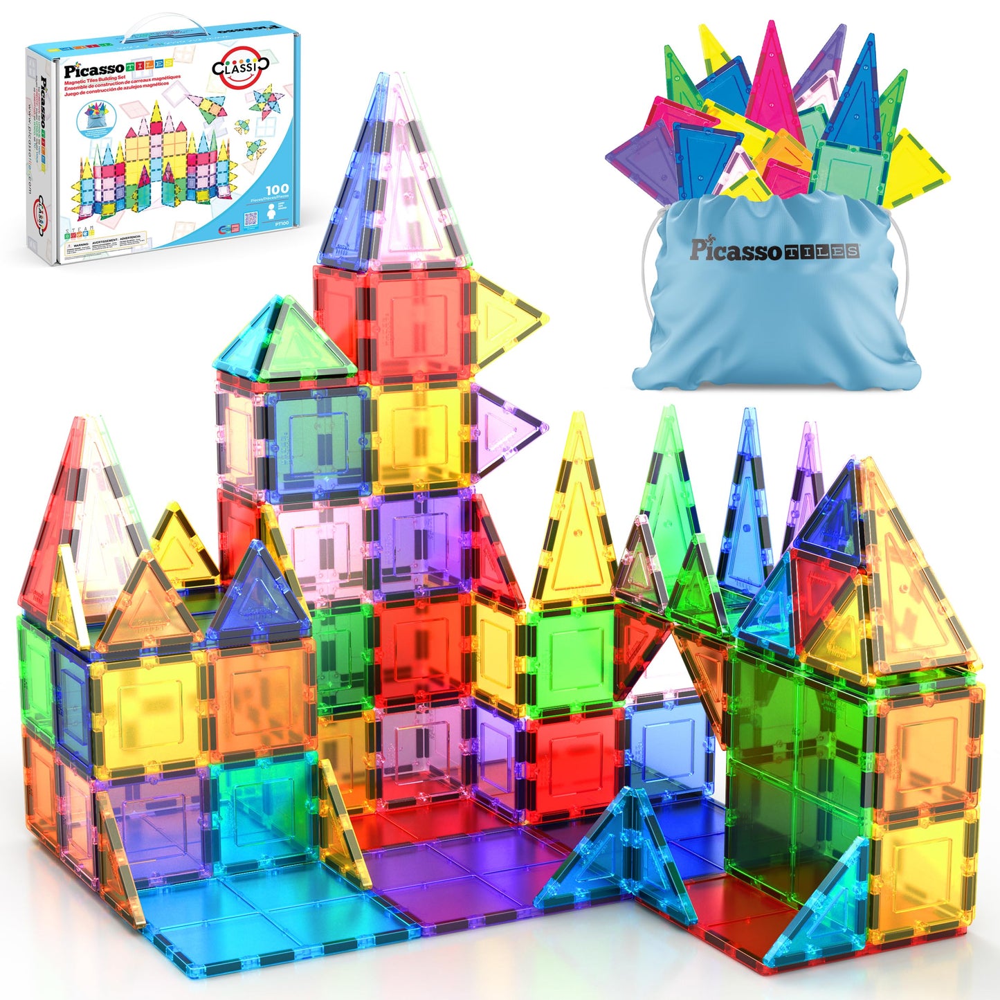PicassoTiles 100 Piece Magnetic Tile Set | Clear 3D Building Blocks for Creative Learning
