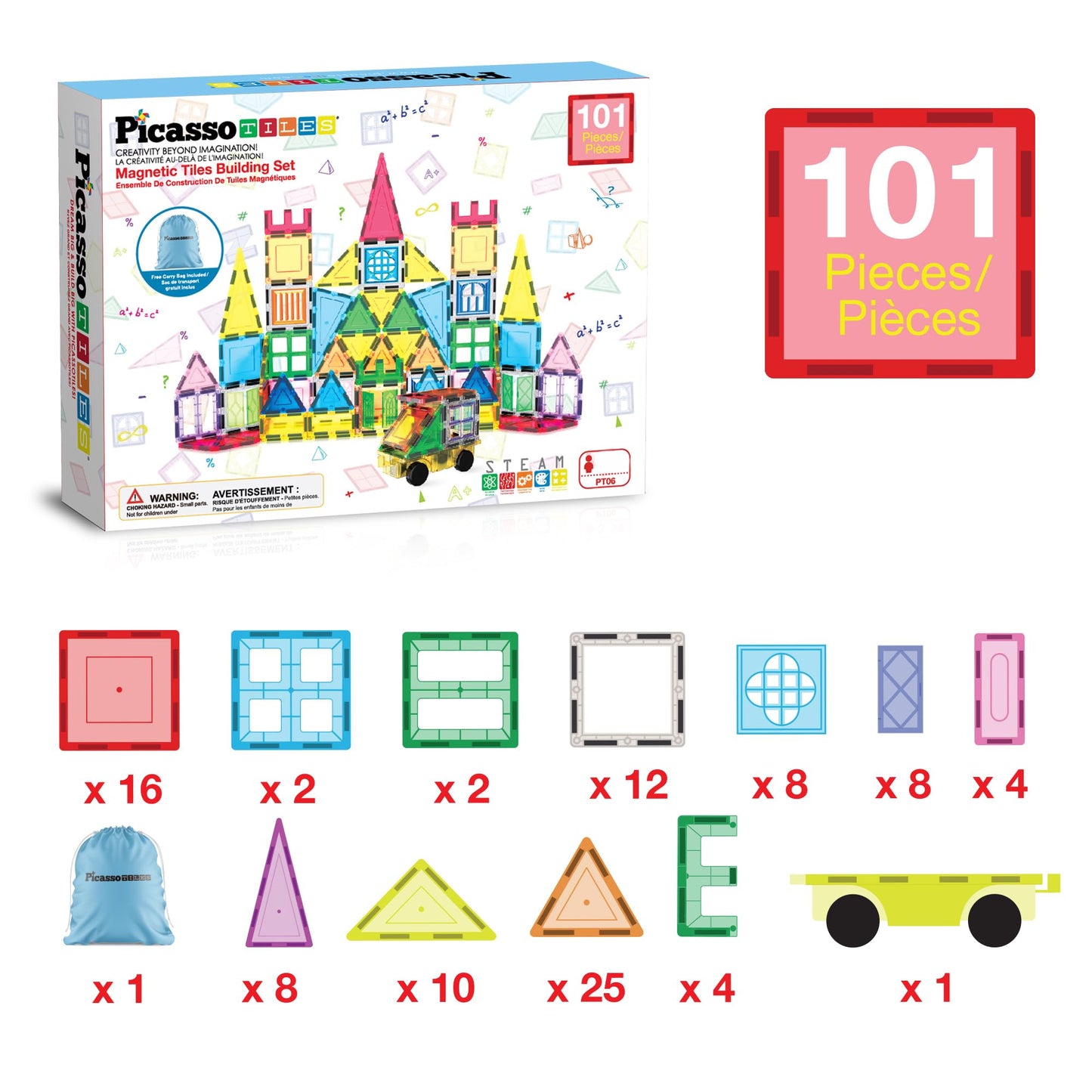 PicassoTiles 101-Piece Magnetic Tile Set | STEM Building Toys for Kids 3+