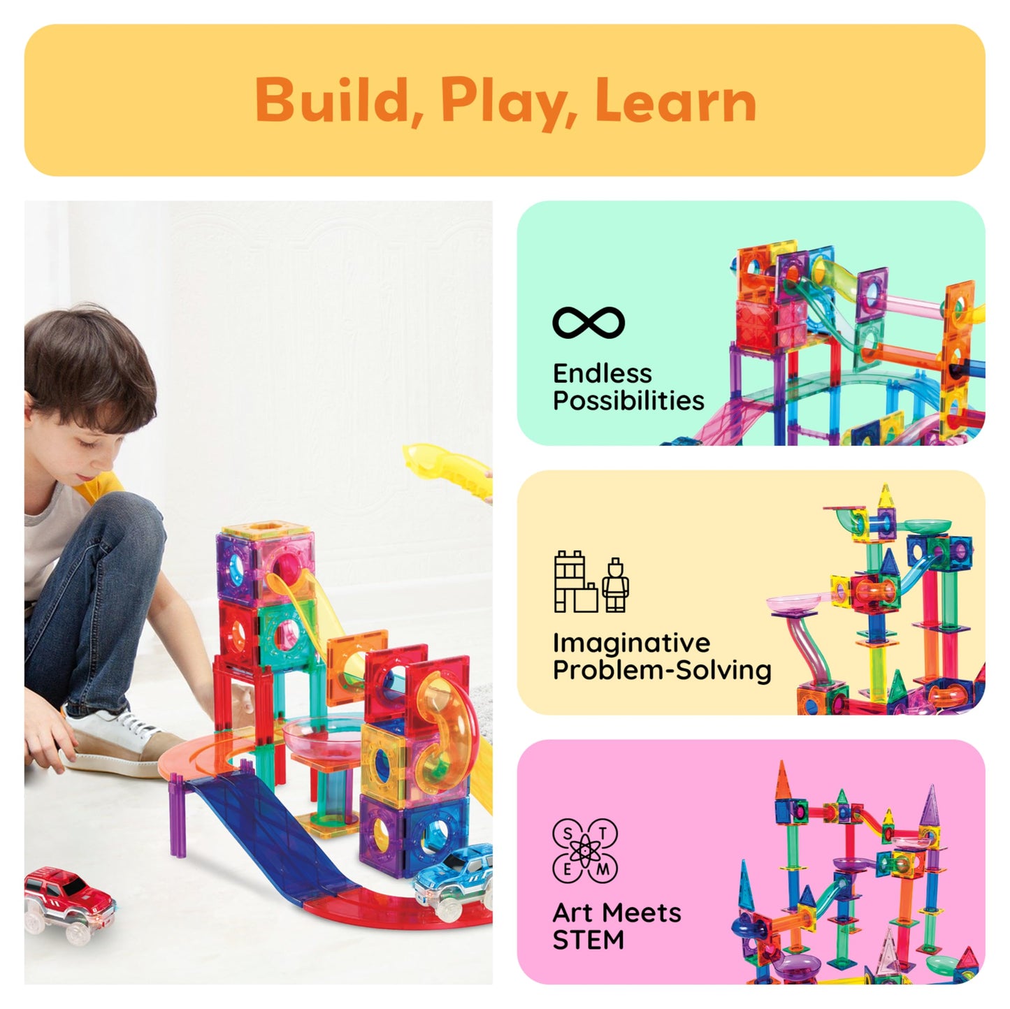 PicassoTiles 108pc Magnetic Marble Run Set – 3-in-1 STEM Building Toy for Kids 3+ (PTG108)