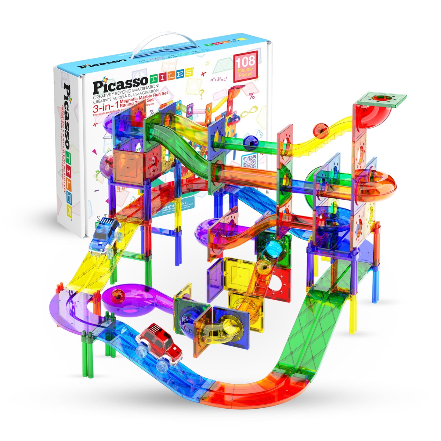 PicassoTiles 108pc Magnetic Marble Run Set – 3-in-1 STEM Building Toy for Kids 3+ (PTG108)
