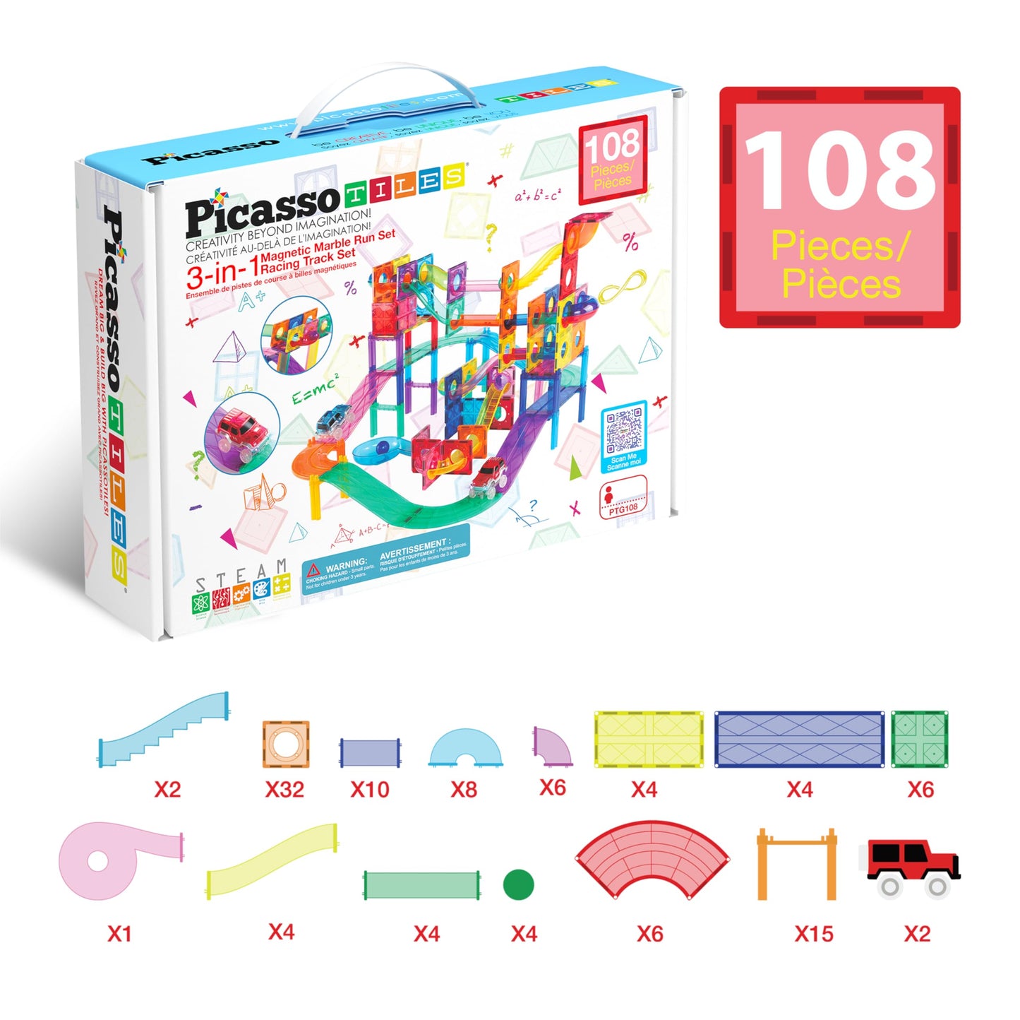 PicassoTiles 108pc Magnetic Marble Run Set – 3-in-1 STEM Building Toy for Kids 3+ (PTG108)