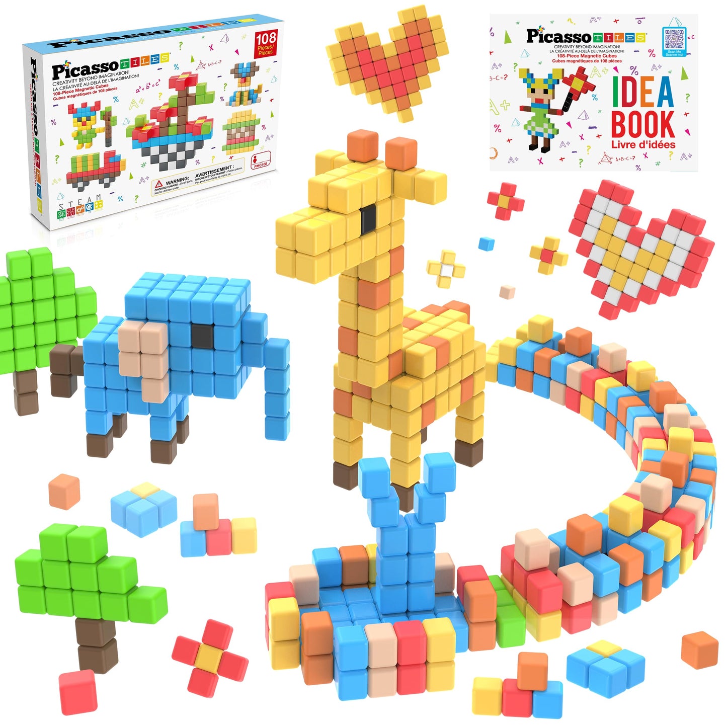 PicassoTiles 108pcs Magnetic Puzzle Cubes – STEM Building Toy for Kids 3+
