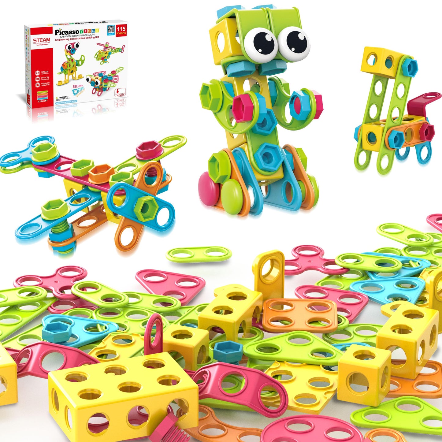 PicassoTiles 115-Piece Building Blocks Set | STEM Toy for Kids 3+ | Free IdeaBook