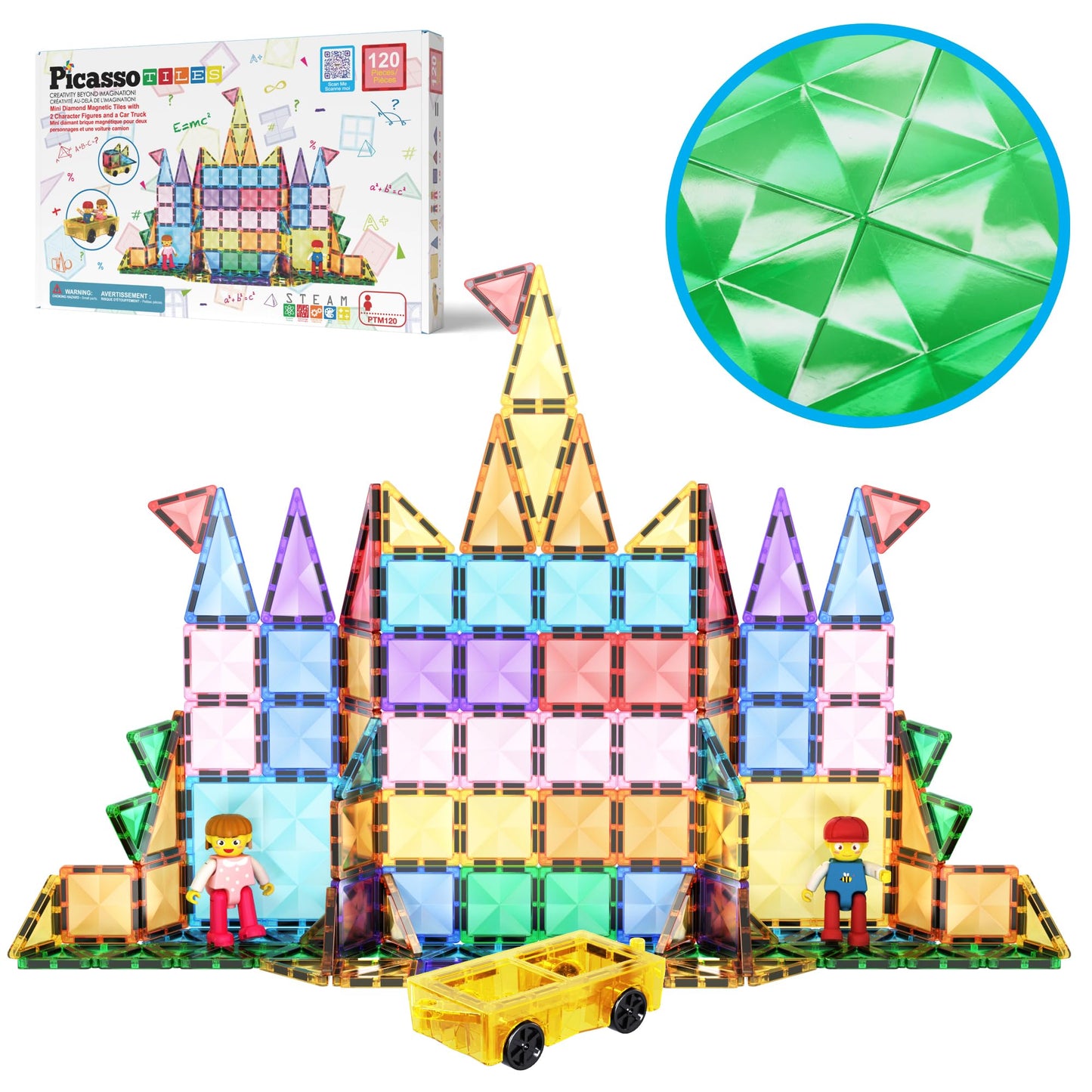PicassoTiles 120pcs Mini Size Magnetic Tiles – Diamond Series STEM Toy