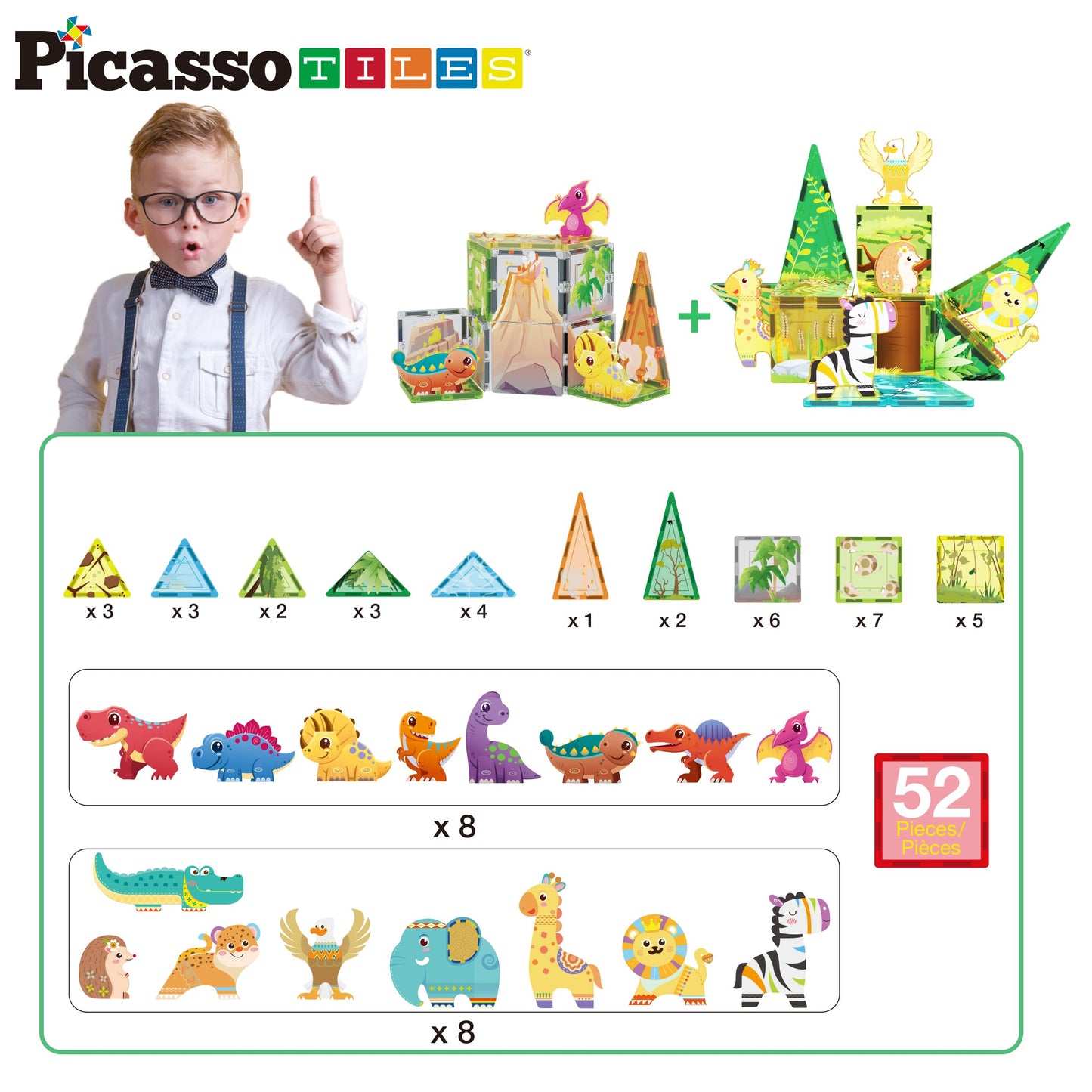 PicassoTiles Magnet Tiles Set Safari Animals & Dinosaurs – 16 Action Figures, STEM Toys for Toddlers 3+, PTQ28