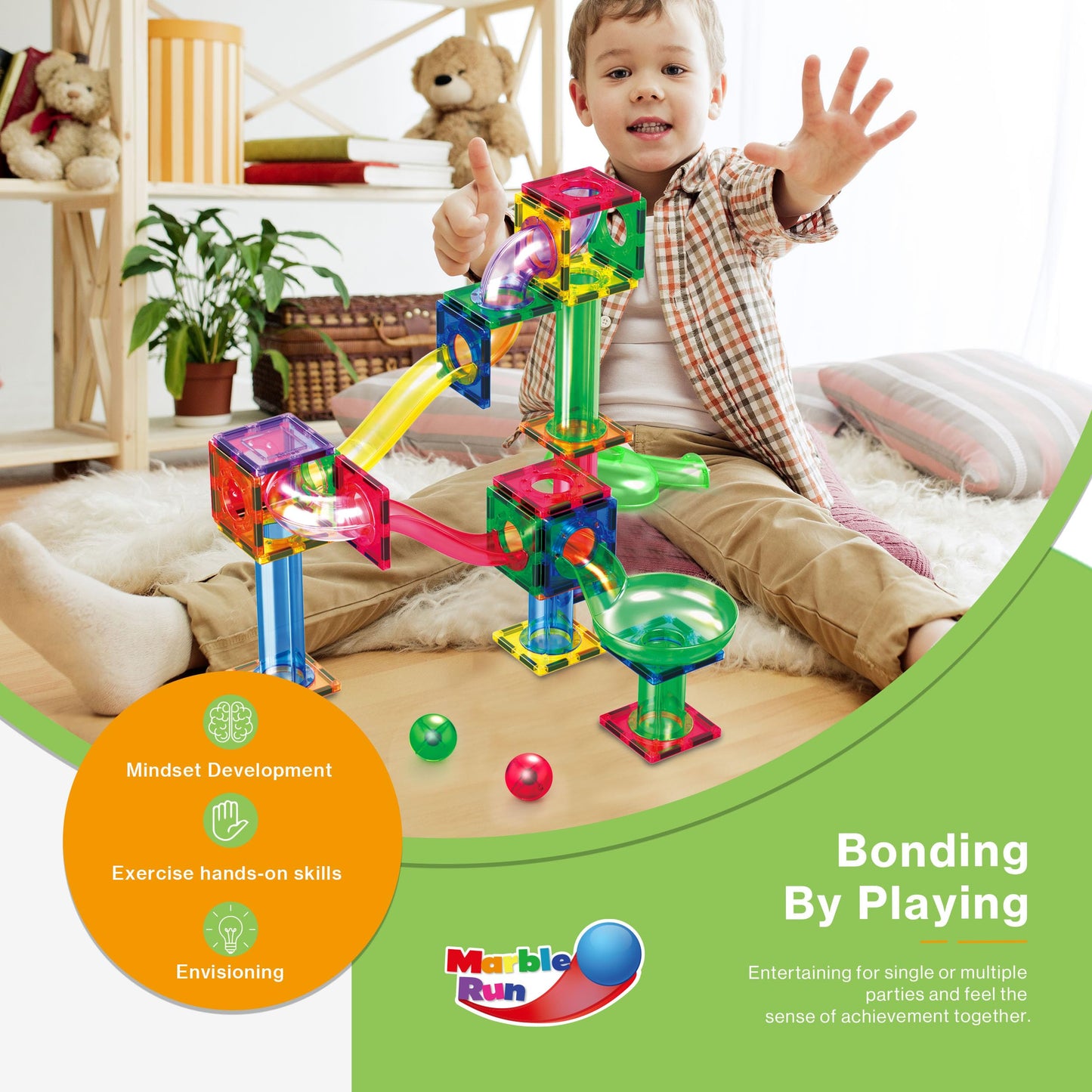 PicassoTiles 200pc Magnetic Marble Run – STEM Tiles Toy for Toddlers 3+