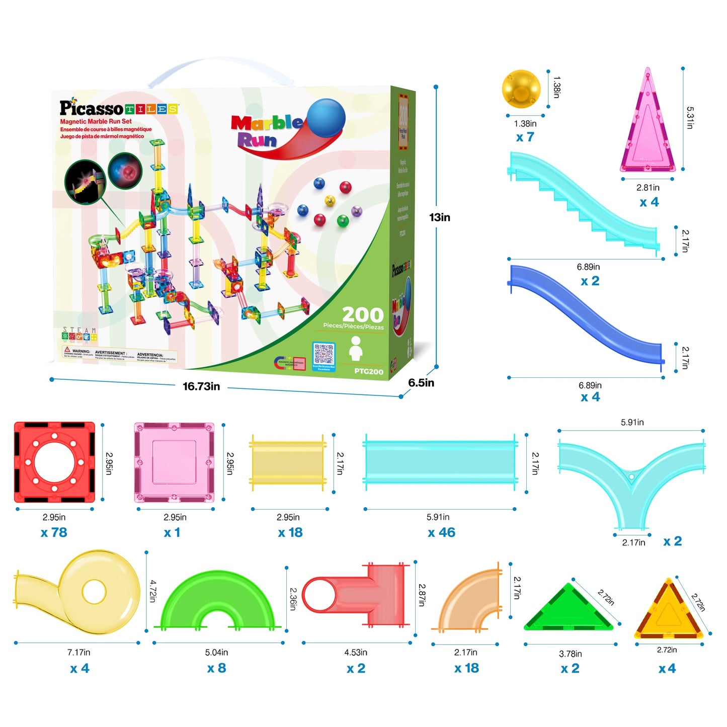 PicassoTiles 200pc Magnetic Marble Run – STEM Tiles Toy for Toddlers 3+