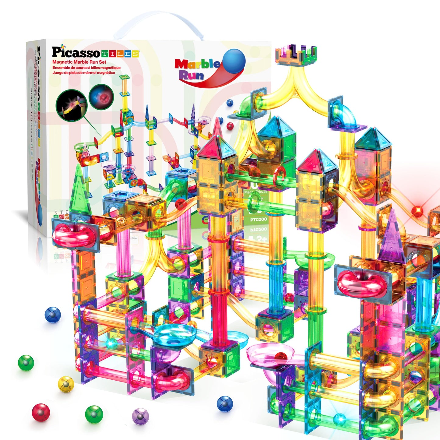 PicassoTiles 200pc Magnetic Marble Run – STEM Tiles Toy for Toddlers 3+