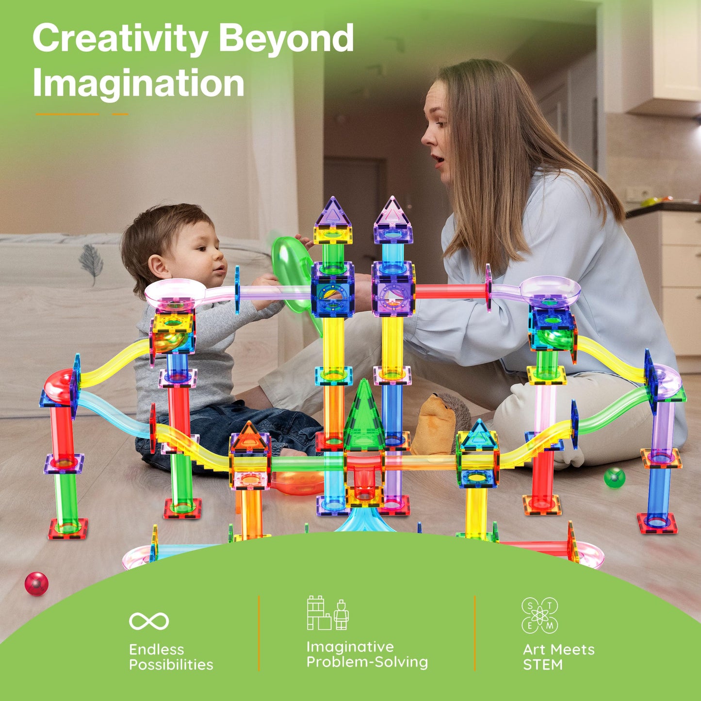 PicassoTiles 200pc Magnetic Marble Run – STEM Tiles Toy for Toddlers 3+