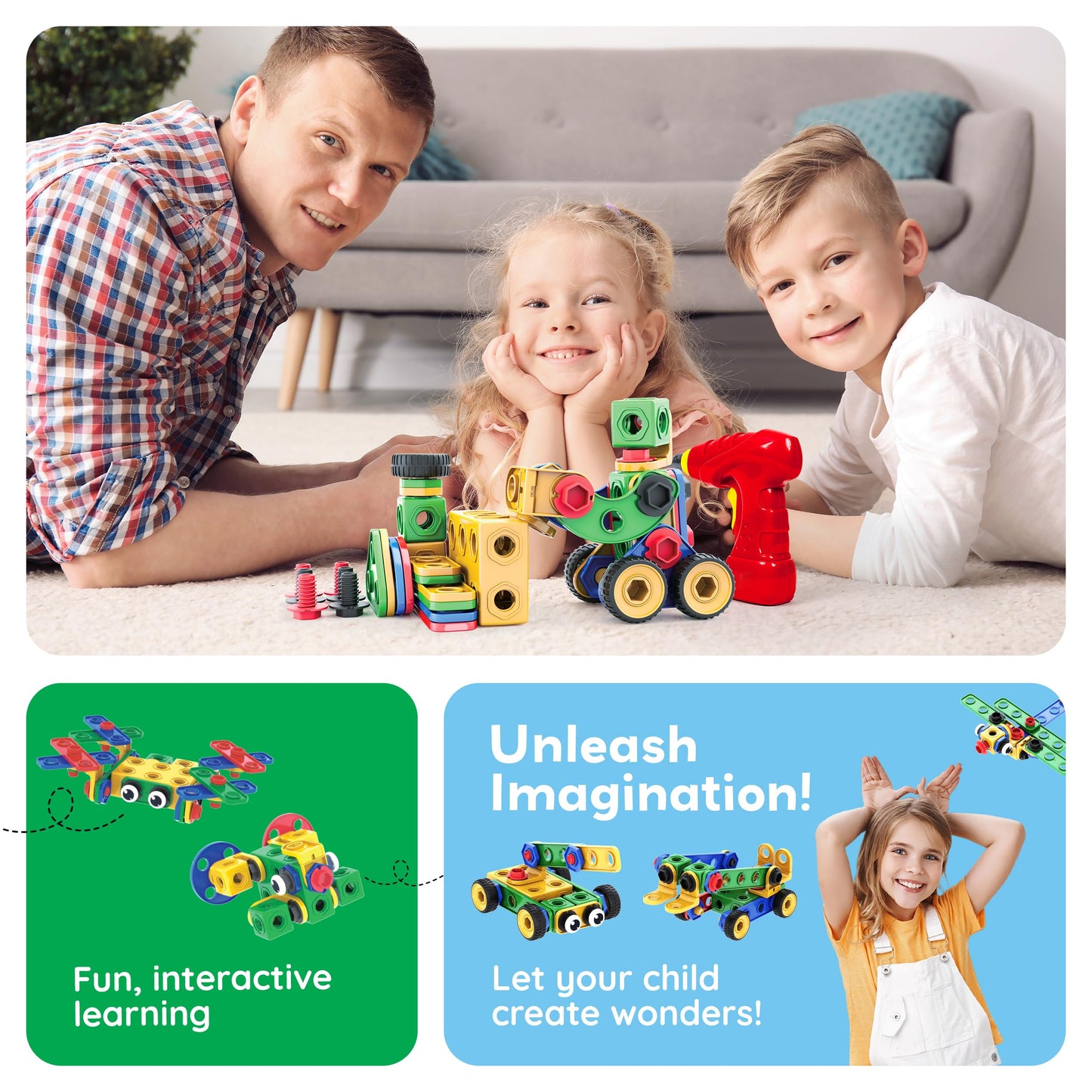 PicassoTiles 201pc STEM Learning Block Kit with Power Drill – Creative Engineering Toy for Kids 3+