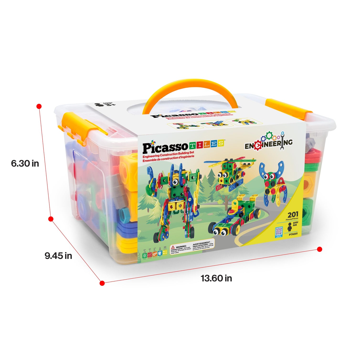 PicassoTiles 201pc STEM Learning Block Kit with Power Drill – Creative Engineering Toy for Kids 3+