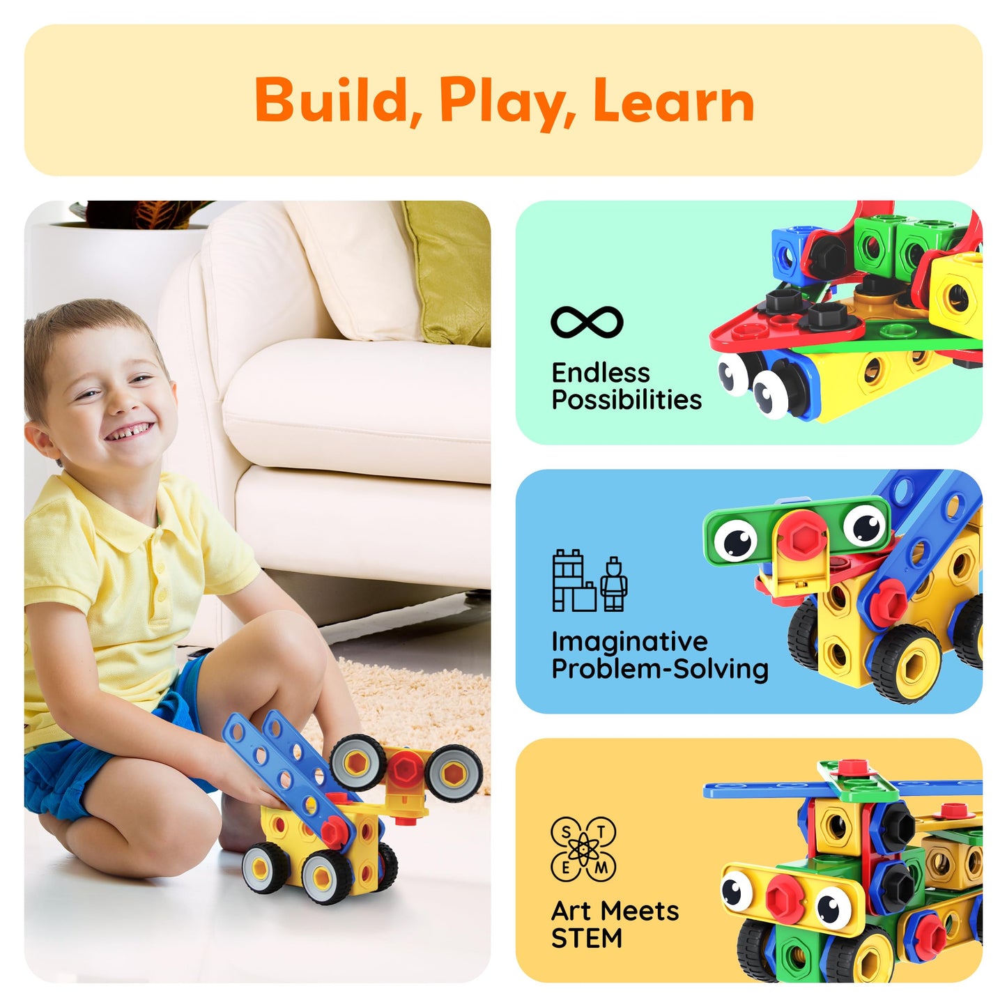 PicassoTiles 201pc STEM Learning Block Kit with Power Drill – Creative Engineering Toy for Kids 3+