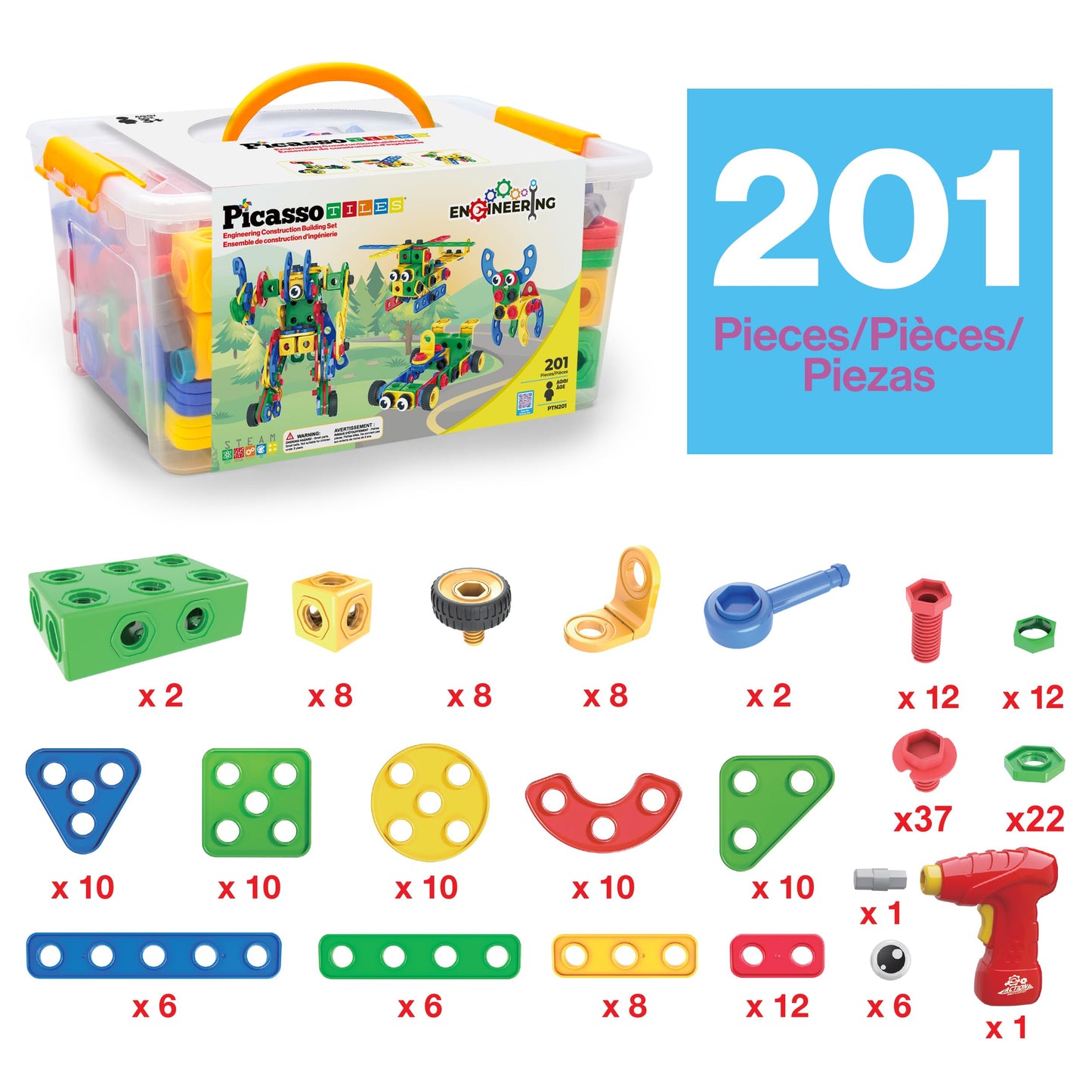 PicassoTiles 201pc STEM Learning Block Kit with Power Drill – Creative Engineering Toy for Kids 3+