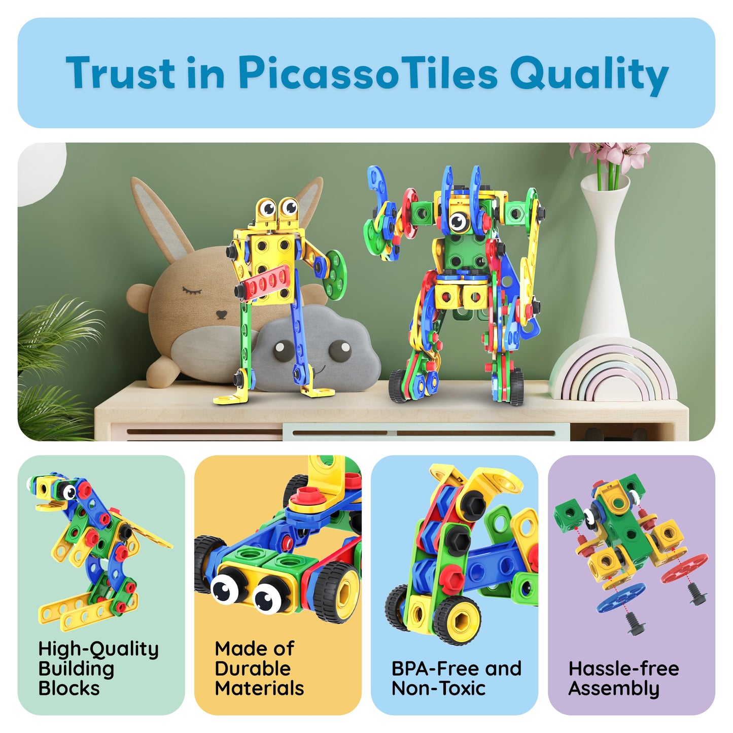 PicassoTiles 201pc STEM Learning Block Kit with Power Drill – Creative Engineering Toy for Kids 3+