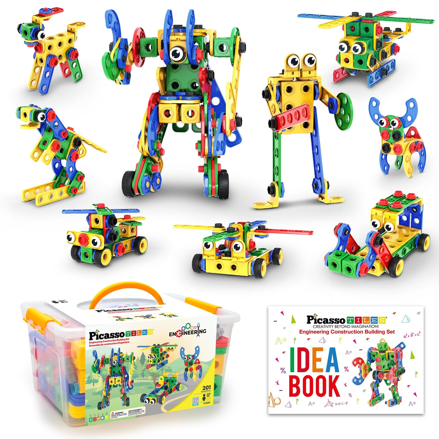PicassoTiles 201pc STEM Learning Block Kit with Power Drill – Creative Engineering Toy for Kids 3+