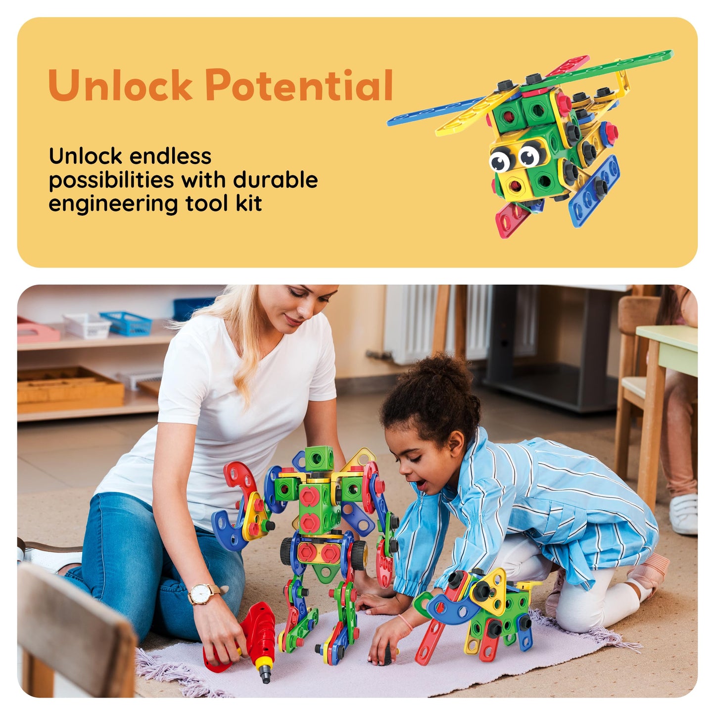 PicassoTiles 201pc STEM Learning Block Kit with Power Drill – Creative Engineering Toy for Kids 3+