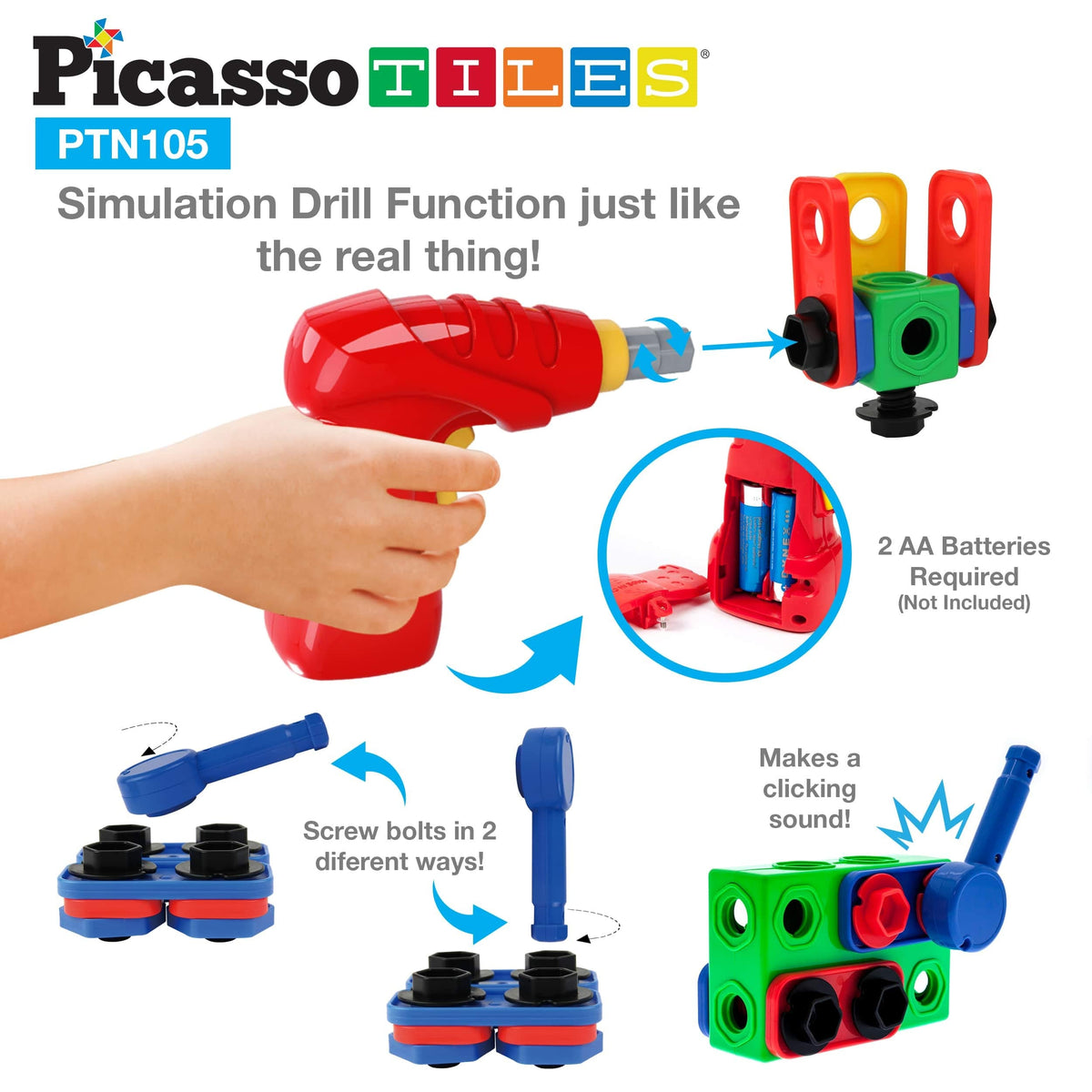 PicassoTiles 105-Piece STEM Building Set for Kids 3+ | Construction Kit with Idea Book & Power Drill