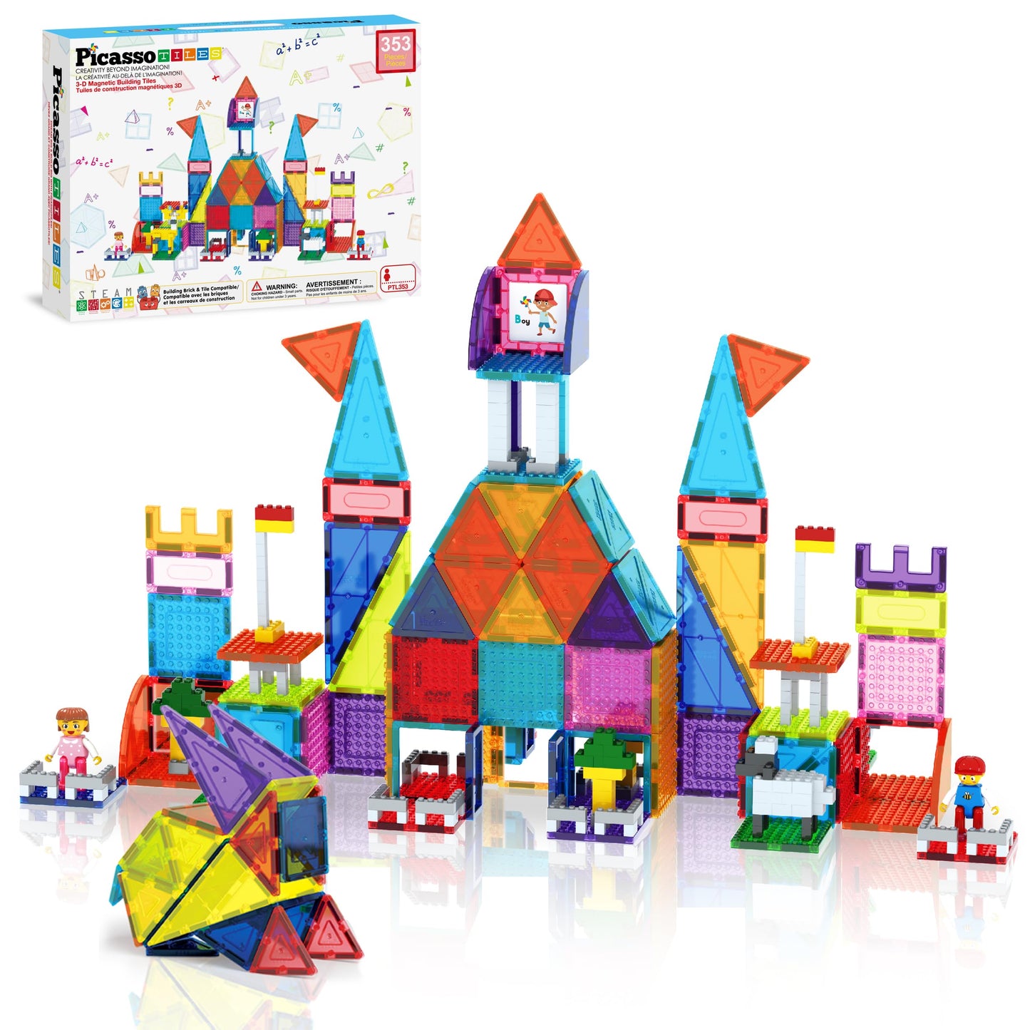 PicassoTiles 353pc Magnetic Brick & Magnet Tile Combo Set – STEM Building Kit for Kids 3+ | PTL353