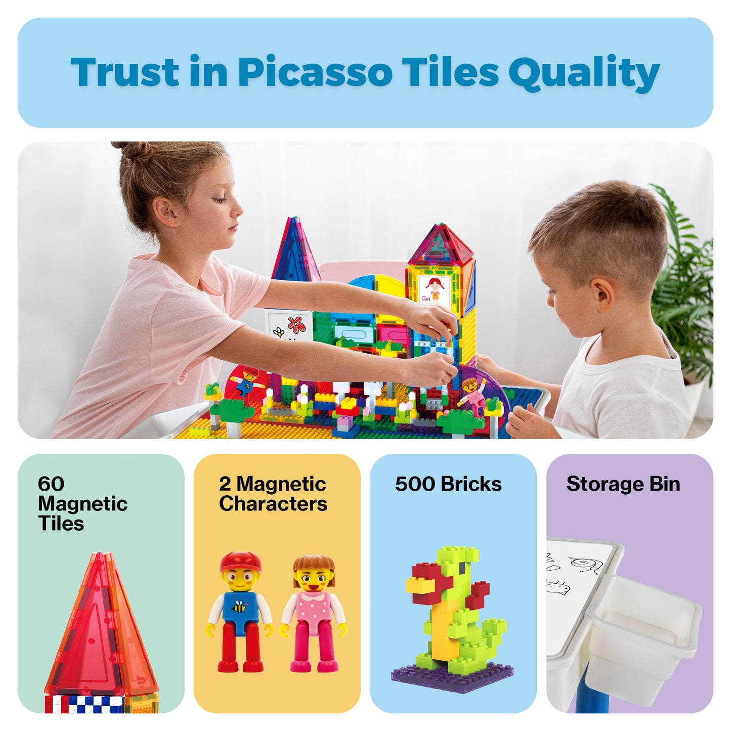 PicassoTiles 585pc Table Set: Magnetic Tiles, Bricks & Whiteboard Desk for STEM Play
