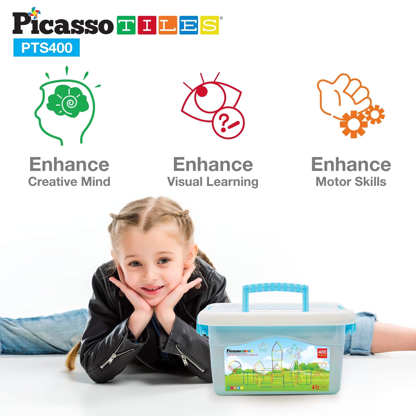 PicassoTiles 400pc Straw Building Set – STEM Learning Interlocking Construction Toy for Kids 3+
