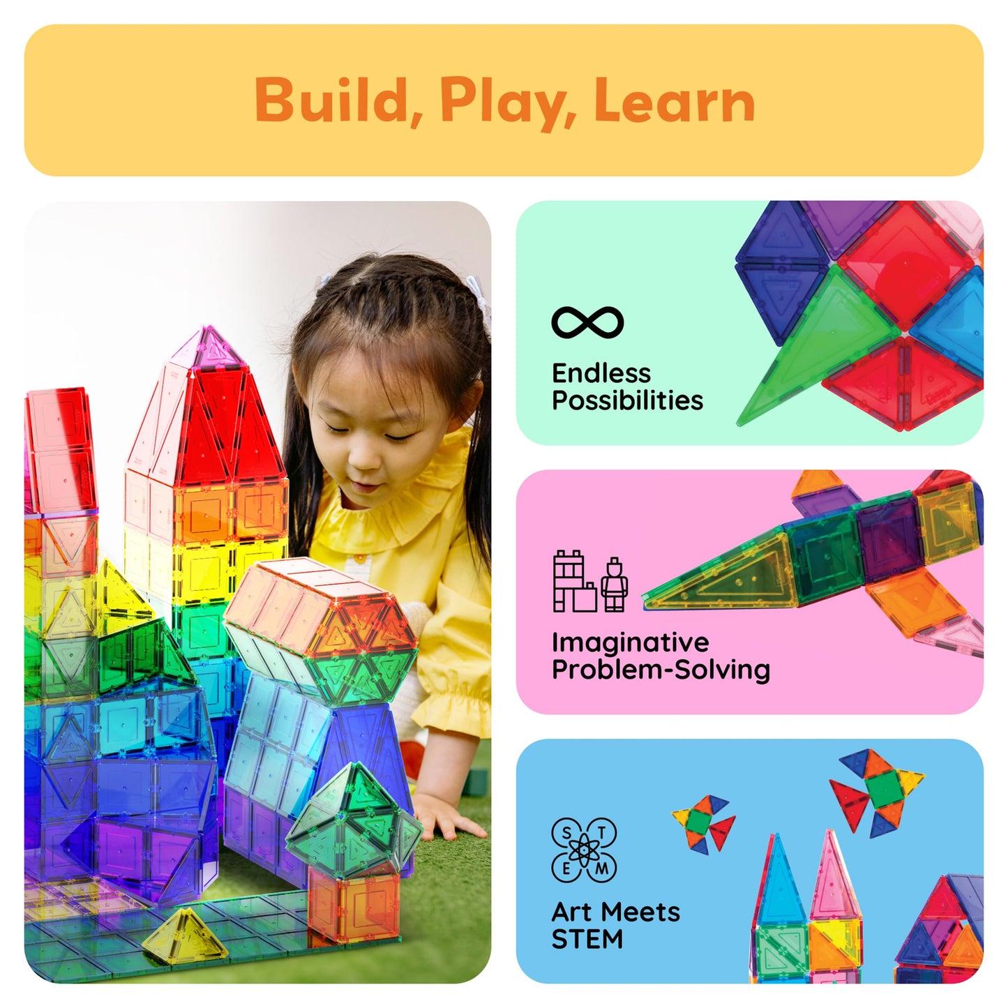 PicassoTiles 60-Piece Magnetic Tile Set | Clear 3D Building Blocks for Creative STEM Play