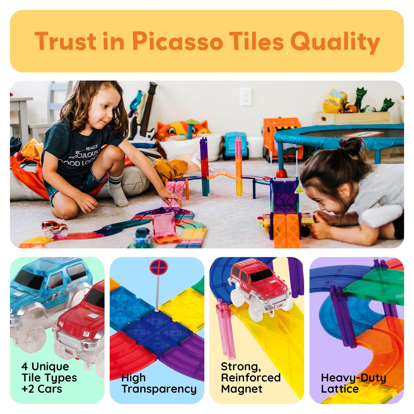 PicassoTiles Magnetic Race Track Car Playset with 2 Trucks PTR30