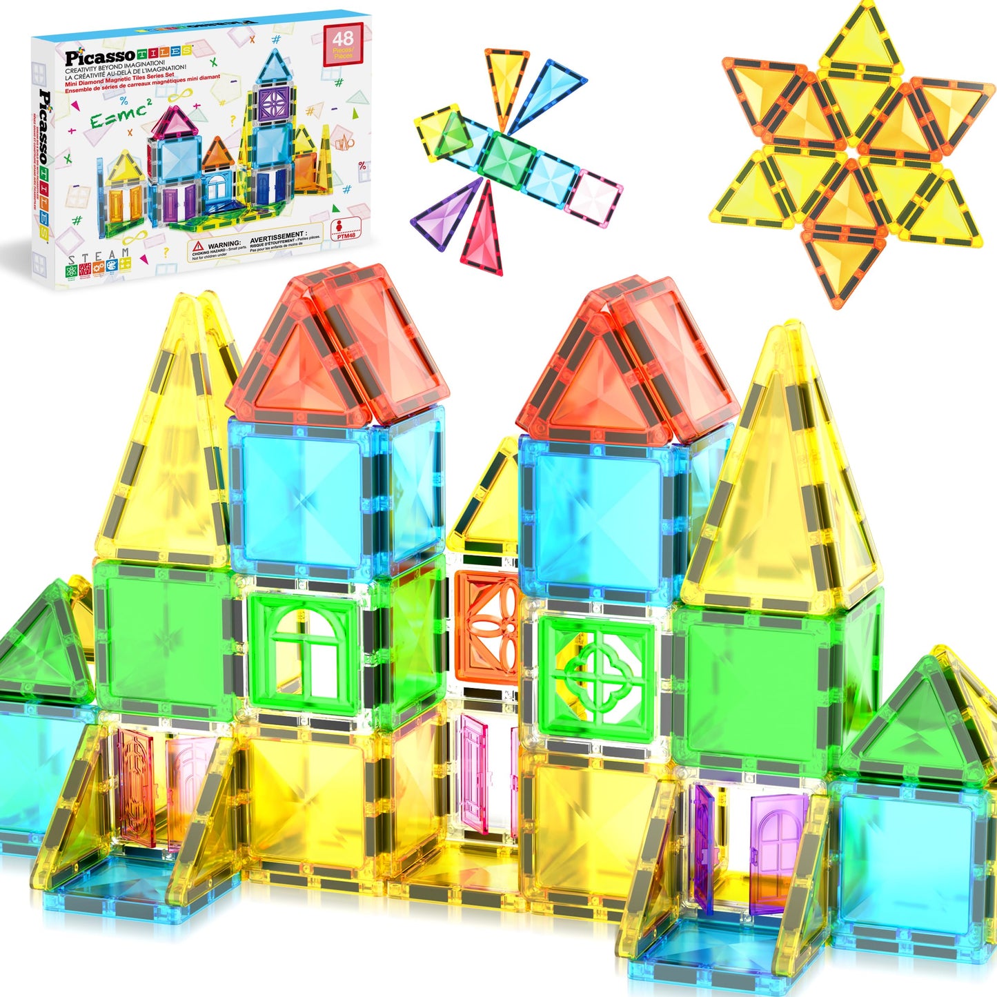PicassoTiles 48-Piece Travel Magnet Tile Set with Doors & Windows | STEM Toy