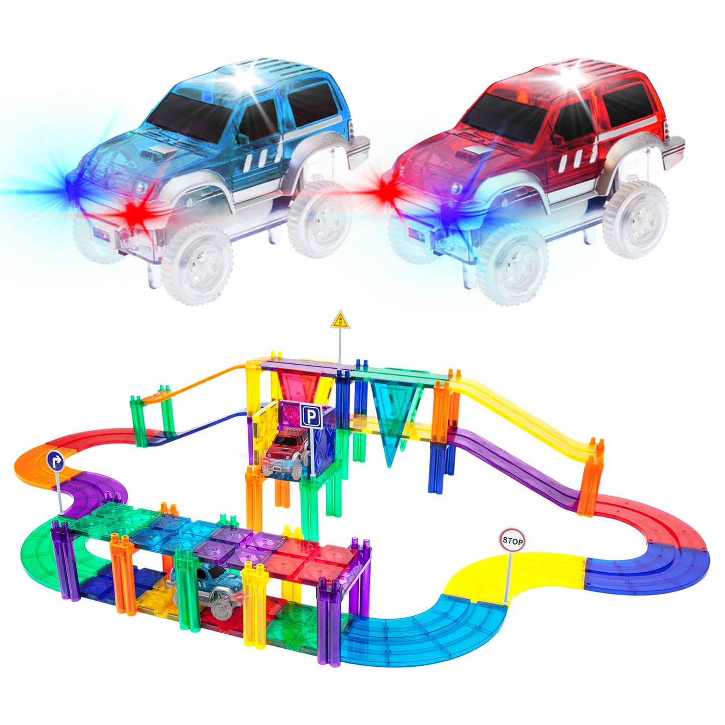 PicassoTiles 50pc Racecar Track Magnetic Tiles – STEM Preschool Toy for Kids 3+ | PTR50