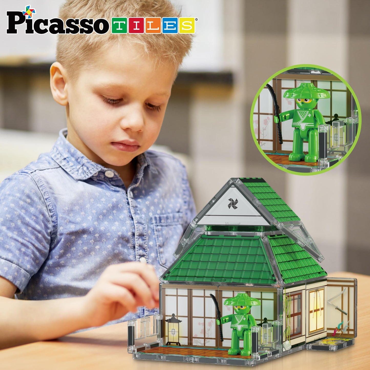 PicassoTiles Ninja Dojo House Magnet Tile Set – 64-Piece STEM Playset with 4 Ninja Figures (Ages 3+) PTQ07