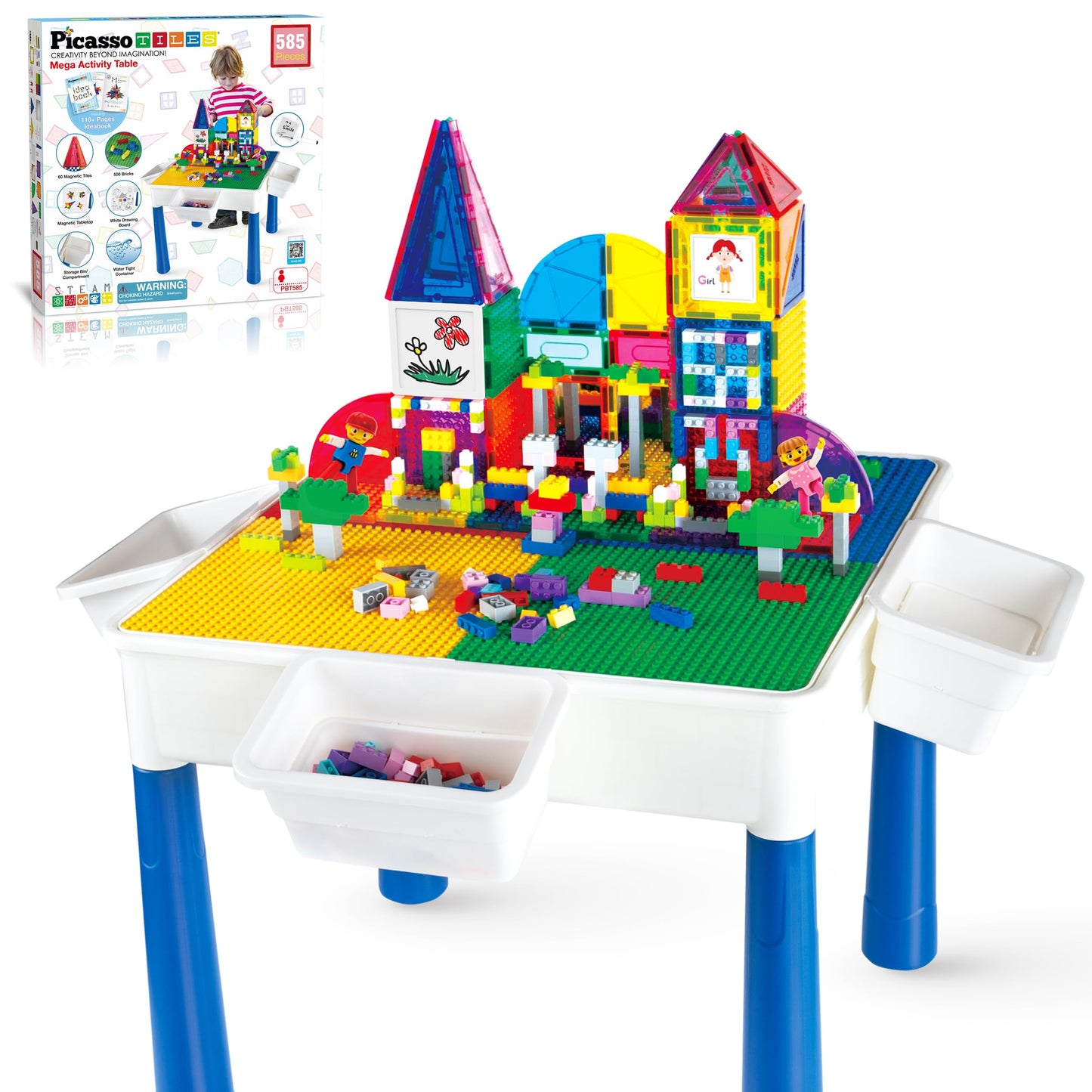 PicassoTiles 585pc Table Set: Magnetic Tiles, Bricks & Whiteboard Desk for STEM Play