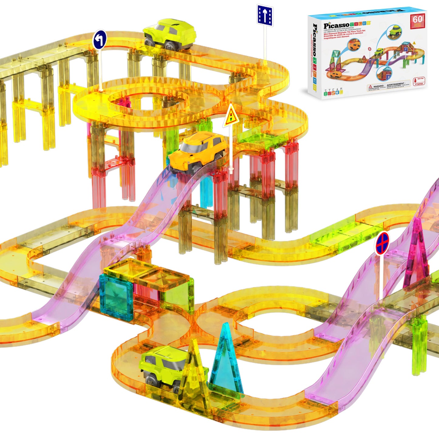 PicassoTiles 60pc Magnetic Race Car Track Set – STEM Building Blocks for Kids