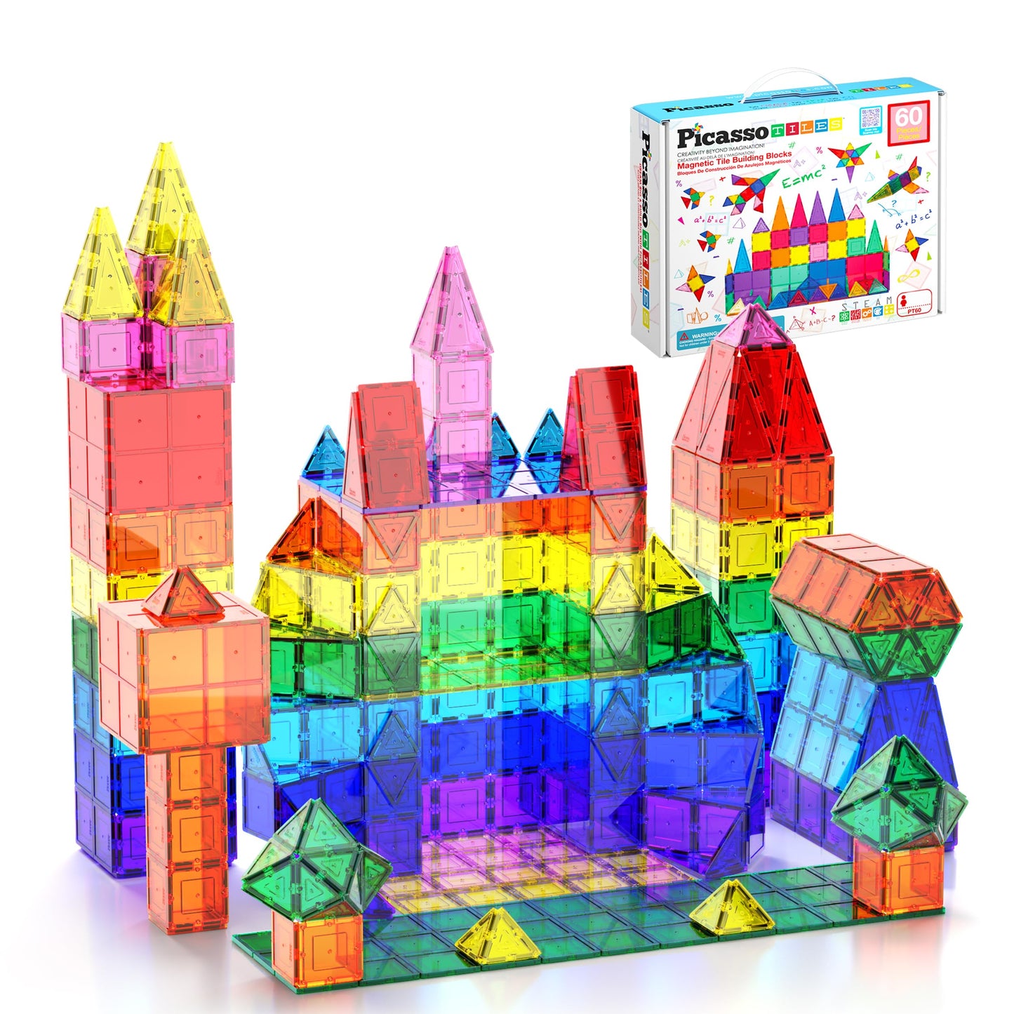 PicassoTiles 60-Piece Magnetic Tile Set | Clear 3D Building Blocks for Creative STEM Play