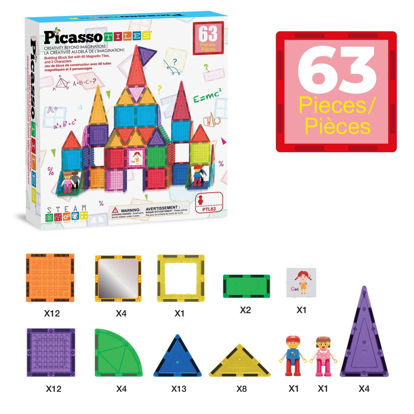 PicassoTiles 63pc Magnetic Tile Building Set with 2 Figures – STEM 3D Construction Toy for Kids Aged 3+